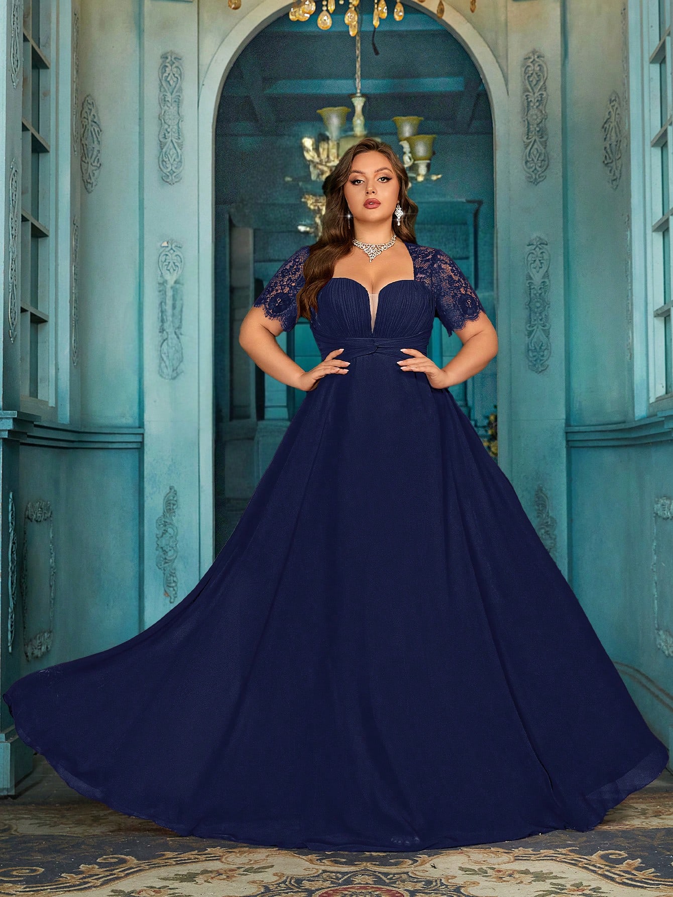 Women's Elegant Wine Red Lace Patchwork Short Sleeve Formal Maxi Dress, Plus Size Sweetheart Neck Evening Gown, Waist-Defining Chiffon Prom Party Dress, A-Line Hem Wedding Guest Dress Bridesmaid Dress, Birthday Dress, Red Carpet Outfit,Holiday Dress