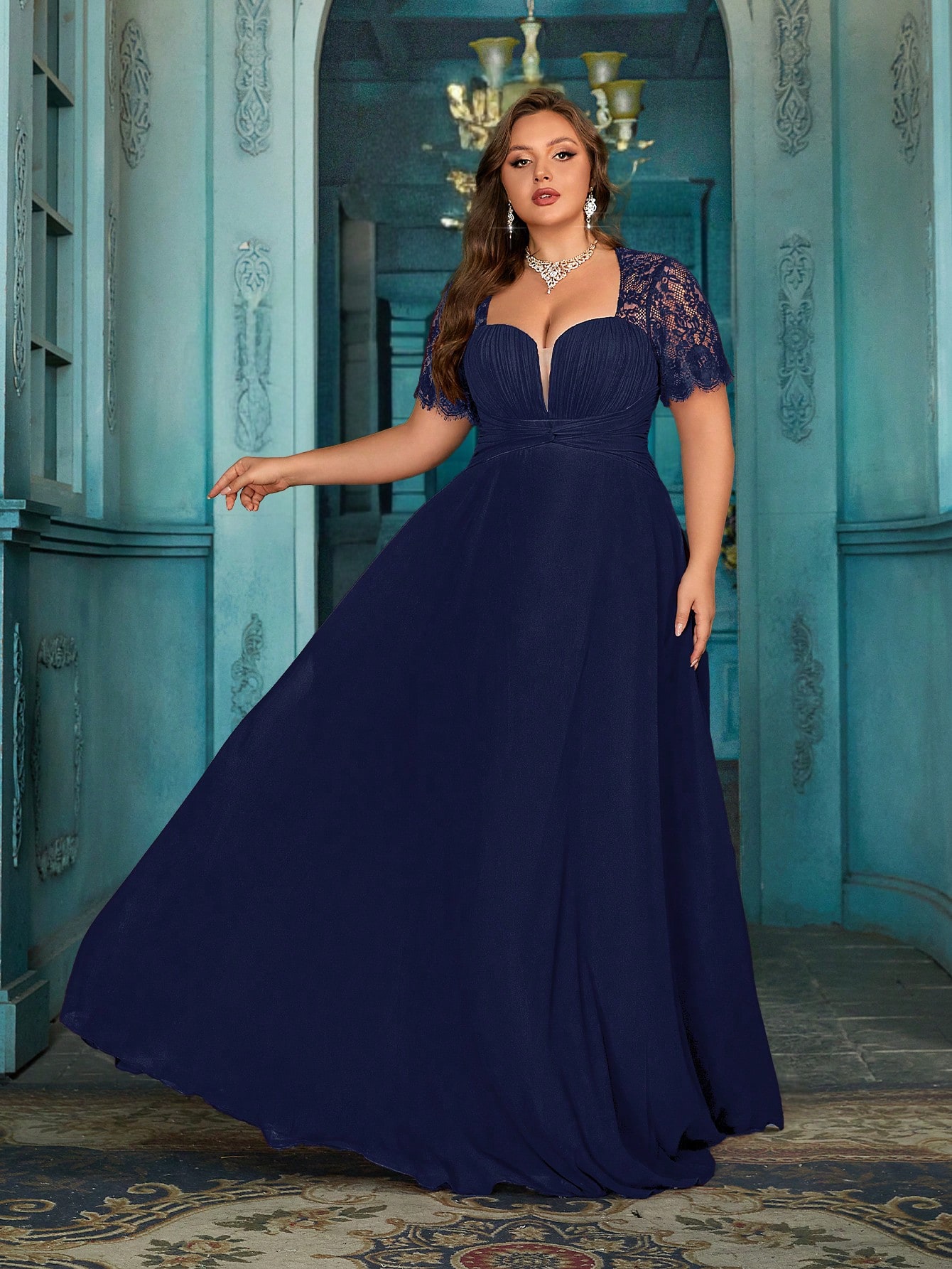 Women's Elegant Wine Red Lace Patchwork Short Sleeve Formal Maxi Dress, Plus Size Sweetheart Neck Evening Gown, Waist-Defining Chiffon Prom Party Dress, A-Line Hem Wedding Guest Dress Bridesmaid Dress, Birthday Dress, Red Carpet Outfit,Holiday Dress