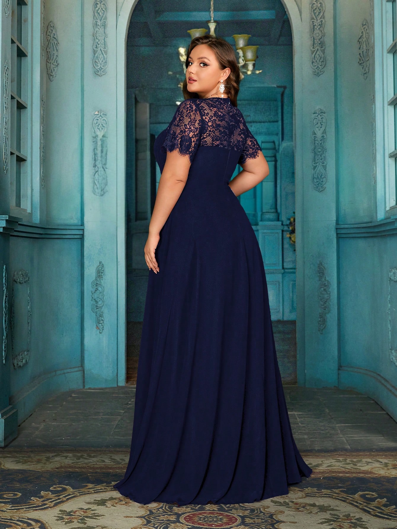 Women's Elegant Wine Red Lace Patchwork Short Sleeve Formal Maxi Dress, Plus Size Sweetheart Neck Evening Gown, Waist-Defining Chiffon Prom Party Dress, A-Line Hem Wedding Guest Dress Bridesmaid Dress, Birthday Dress, Red Carpet Outfit,Holiday Dress