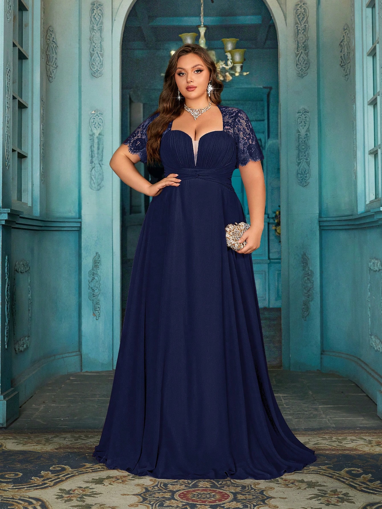 Women's Elegant Wine Red Lace Patchwork Short Sleeve Formal Maxi Dress, Plus Size Sweetheart Neck Evening Gown, Waist-Defining Chiffon Prom Party Dress, A-Line Hem Wedding Guest Dress Bridesmaid Dress, Birthday Dress, Red Carpet Outfit,Holiday Dress