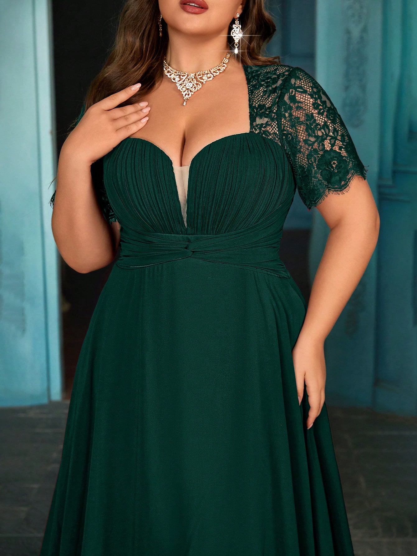 Women's Elegant Wine Red Lace Patchwork Short Sleeve Formal Maxi Dress, Plus Size Sweetheart Neck Evening Gown, Waist-Defining Chiffon Prom Party Dress, A-Line Hem Wedding Guest Dress Bridesmaid Dress, Birthday Dress, Red Carpet Outfit,Holiday Dress