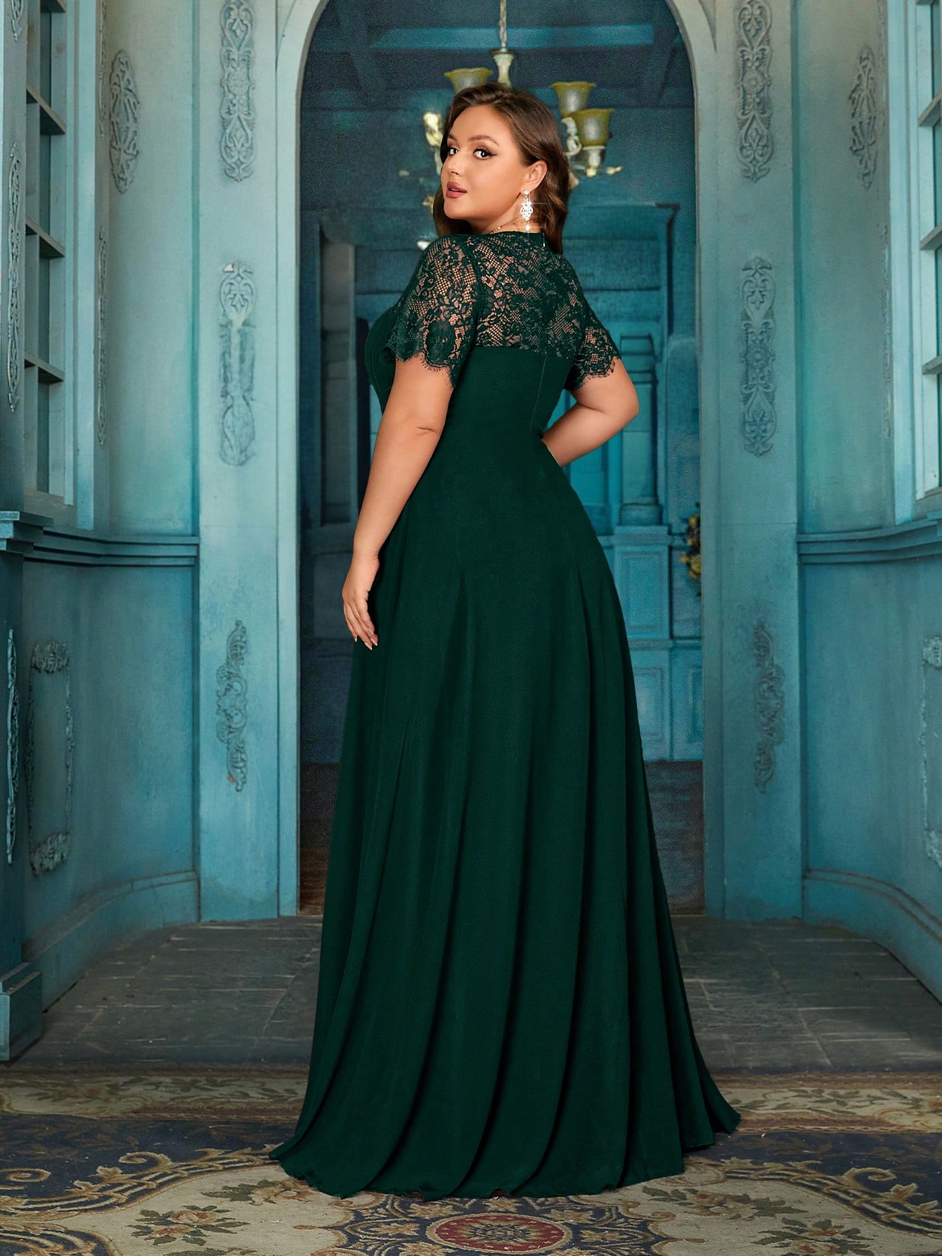 Women's Elegant Wine Red Lace Patchwork Short Sleeve Formal Maxi Dress, Plus Size Sweetheart Neck Evening Gown, Waist-Defining Chiffon Prom Party Dress, A-Line Hem Wedding Guest Dress Bridesmaid Dress, Birthday Dress, Red Carpet Outfit,Holiday Dress