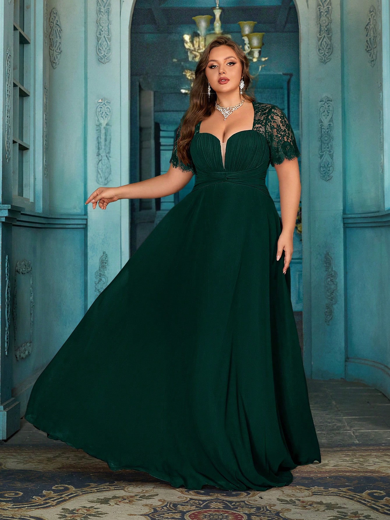 Women's Elegant Wine Red Lace Patchwork Short Sleeve Formal Maxi Dress, Plus Size Sweetheart Neck Evening Gown, Waist-Defining Chiffon Prom Party Dress, A-Line Hem Wedding Guest Dress Bridesmaid Dress, Birthday Dress, Red Carpet Outfit,Holiday Dress