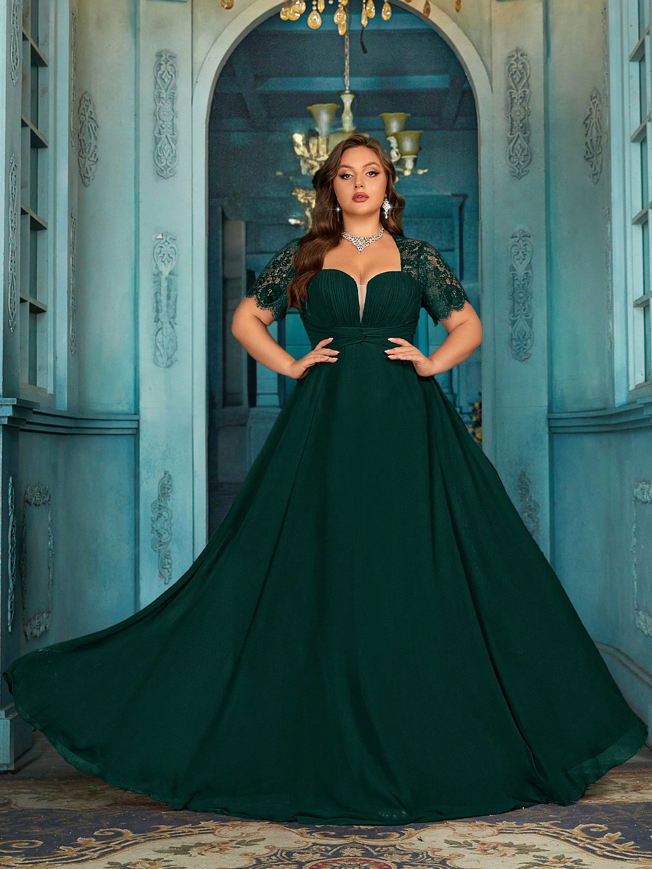 Women's Elegant Wine Red Lace Patchwork Short Sleeve Formal Maxi Dress, Plus Size Sweetheart Neck Evening Gown, Waist-Defining Chiffon Prom Party Dress, A-Line Hem Wedding Guest Dress Bridesmaid Dress, Birthday Dress, Red Carpet Outfit,Holiday Dress