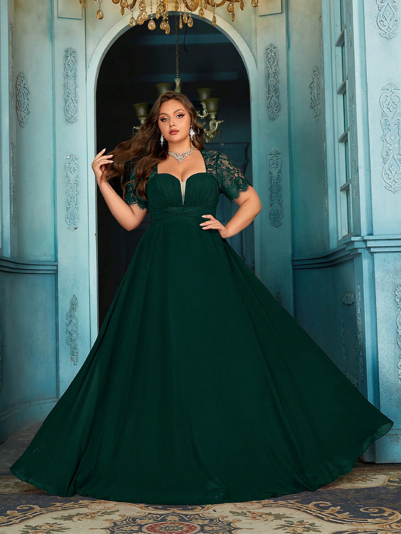 Women's Elegant Wine Red Lace Patchwork Short Sleeve Formal Maxi Dress, Plus Size Sweetheart Neck Evening Gown, Waist-Defining Chiffon Prom Party Dress, A-Line Hem Wedding Guest Dress Bridesmaid Dress, Birthday Dress, Red Carpet Outfit,Holiday Dress