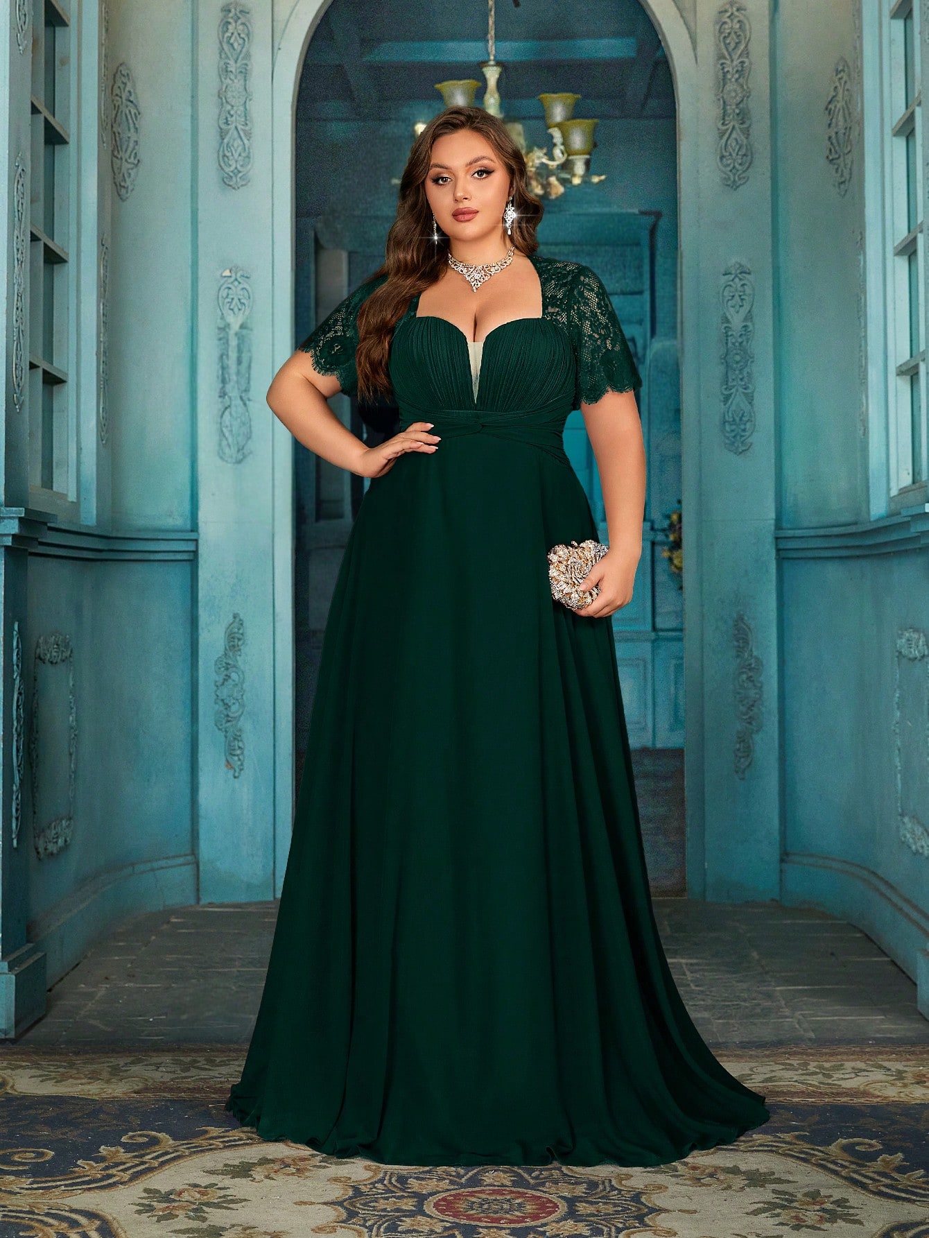 Women's Elegant Wine Red Lace Patchwork Short Sleeve Formal Maxi Dress, Plus Size Sweetheart Neck Evening Gown, Waist-Defining Chiffon Prom Party Dress, A-Line Hem Wedding Guest Dress Bridesmaid Dress, Birthday Dress, Red Carpet Outfit,Holiday Dress