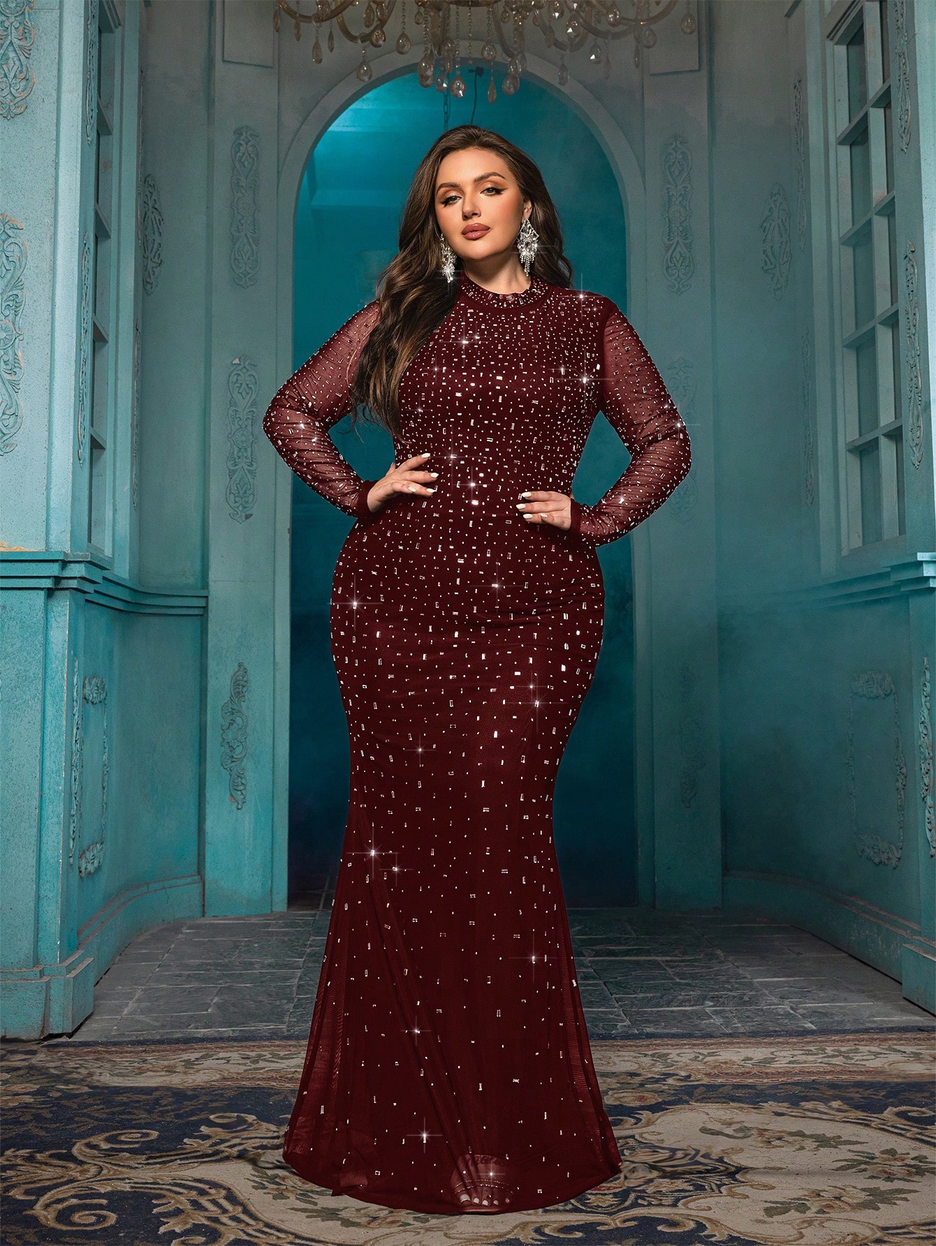 Elegant Temperament Plus Size Women Hot Drill Formal Dress Luxury Rhinestone Evening Gown For Dinner Party, Cocktail Party, Galas Solid Color Long Sleeve Dresses
