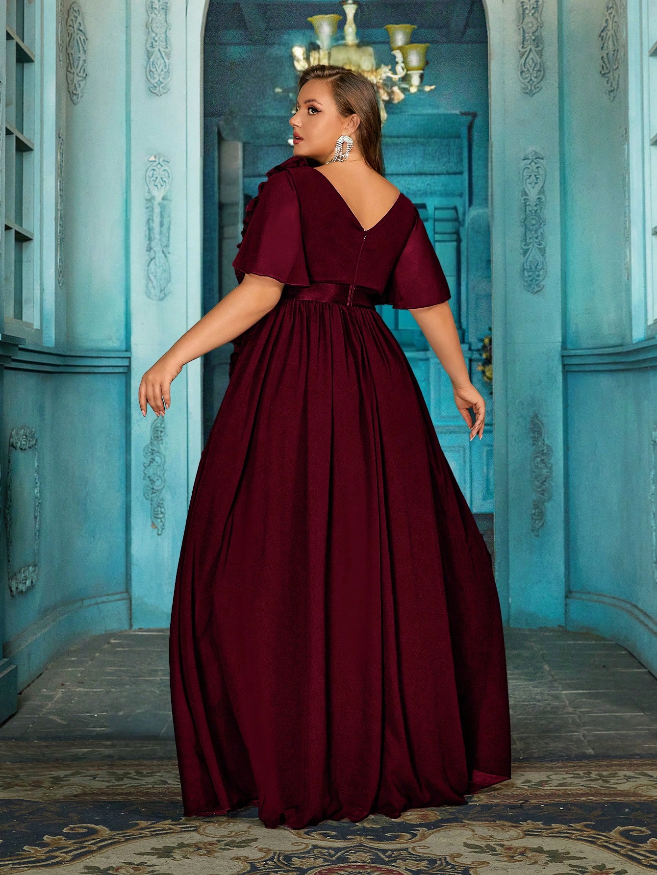 Simple Temperament Plus Size Formal Dress Party Evening Gown For Birthday Party, Galas, Graduation Party, Fiesta, Charity Prom, Dinner Solid Color Ruffle V-Neck Long Dresses