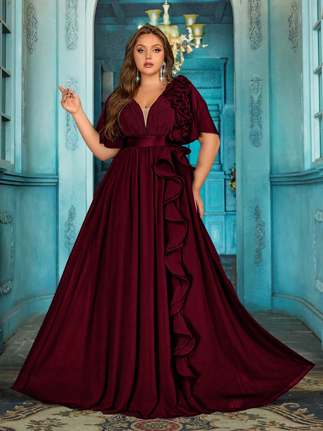 Simple Temperament Plus Size Formal Dress Party Evening Gown For Birthday Party, Galas, Graduation Party, Fiesta, Charity Prom, Dinner Solid Color Ruffle V-Neck Long Dresses