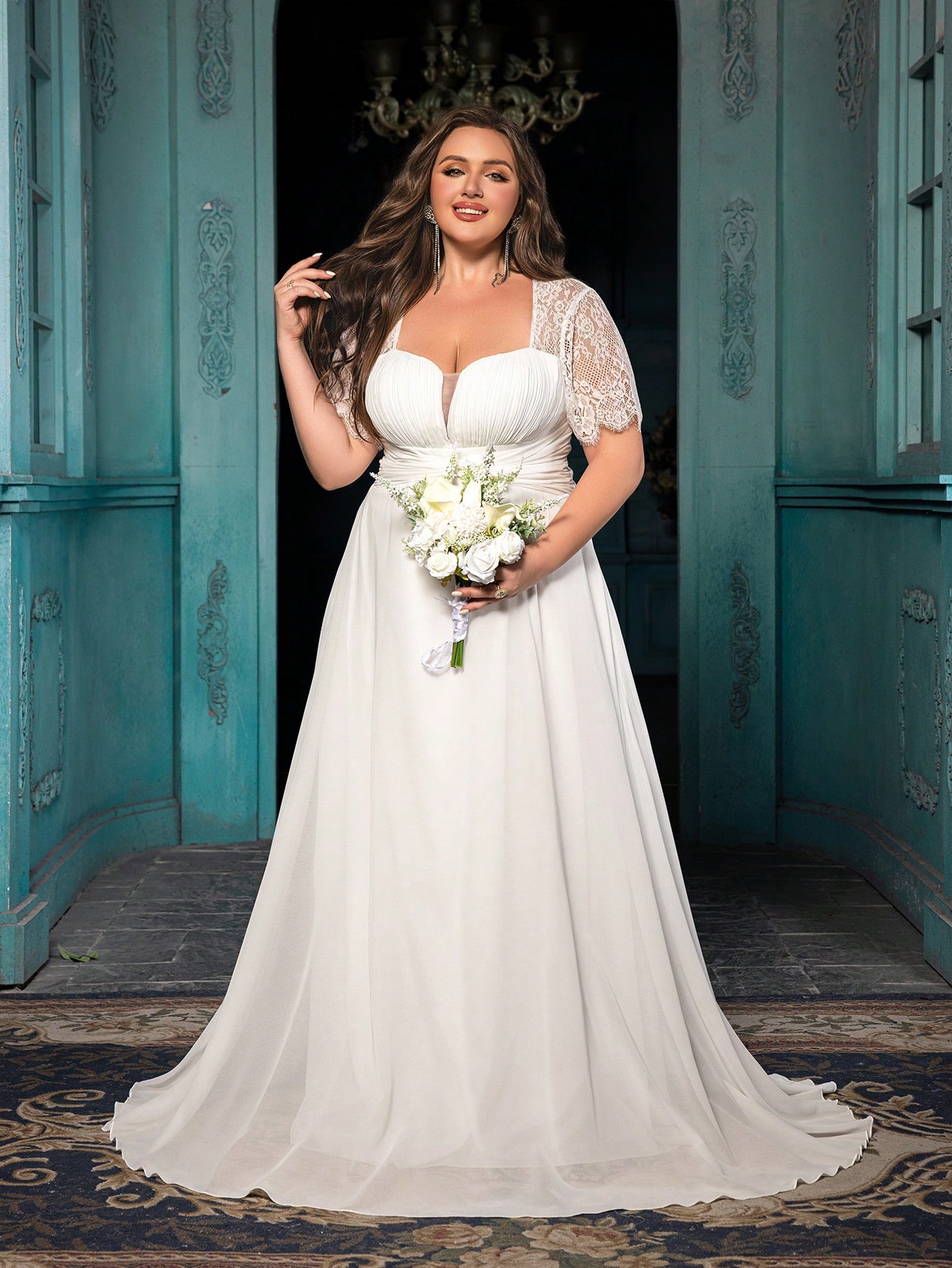 Women's Elegant Wine Red Lace Patchwork Short Sleeve Formal Maxi Dress, Plus Size Sweetheart Neck Evening Gown, Waist-Defining Chiffon Prom Party Dress, A-Line Hem Wedding Guest Dress Bridesmaid Dress, Birthday Dress, Red Carpet Outfit,Holiday Dress