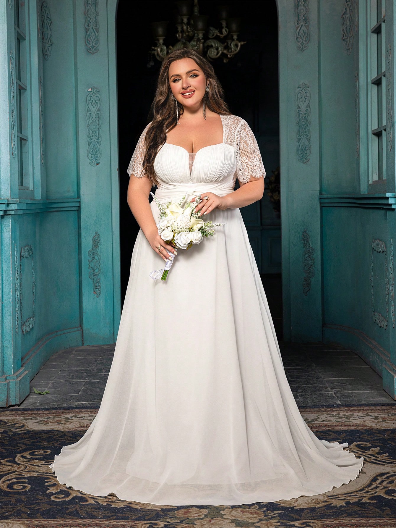 Women's Elegant Wine Red Lace Patchwork Short Sleeve Formal Maxi Dress, Plus Size Sweetheart Neck Evening Gown, Waist-Defining Chiffon Prom Party Dress, A-Line Hem Wedding Guest Dress Bridesmaid Dress, Birthday Dress, Red Carpet Outfit,Holiday Dress