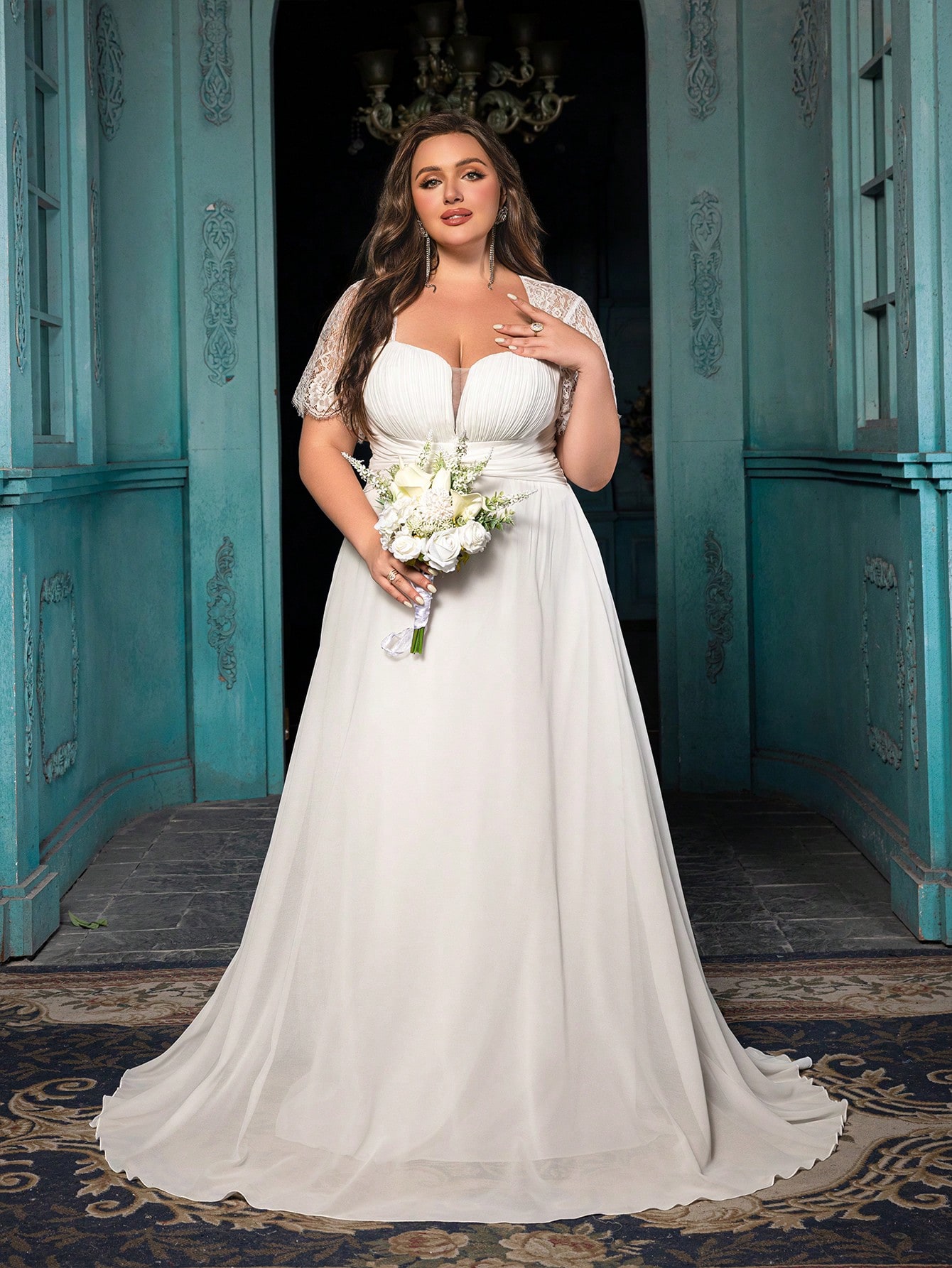 Women's Elegant Wine Red Lace Patchwork Short Sleeve Formal Maxi Dress, Plus Size Sweetheart Neck Evening Gown, Waist-Defining Chiffon Prom Party Dress, A-Line Hem Wedding Guest Dress Bridesmaid Dress, Birthday Dress, Red Carpet Outfit,Holiday Dress