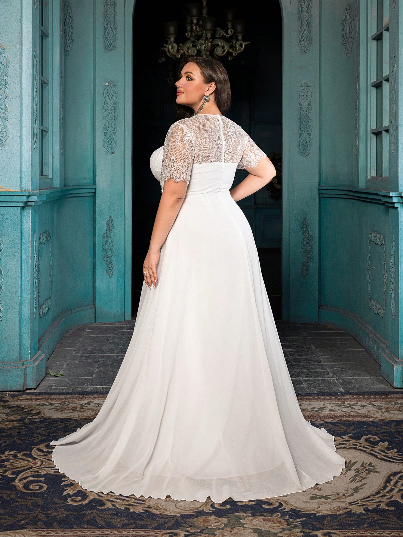 Women's Elegant Wine Red Lace Patchwork Short Sleeve Formal Maxi Dress, Plus Size Sweetheart Neck Evening Gown, Waist-Defining Chiffon Prom Party Dress, A-Line Hem Wedding Guest Dress Bridesmaid Dress, Birthday Dress, Red Carpet Outfit,Holiday Dress