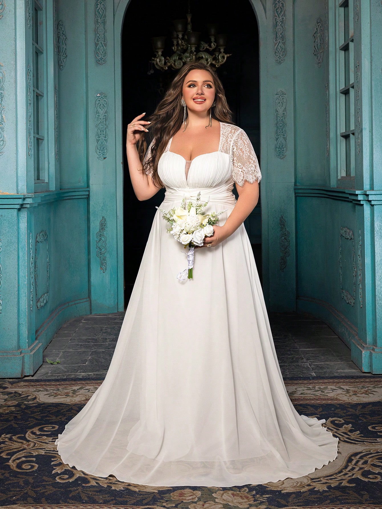 Women's Elegant Wine Red Lace Patchwork Short Sleeve Formal Maxi Dress, Plus Size Sweetheart Neck Evening Gown, Waist-Defining Chiffon Prom Party Dress, A-Line Hem Wedding Guest Dress Bridesmaid Dress, Birthday Dress, Red Carpet Outfit,Holiday Dress