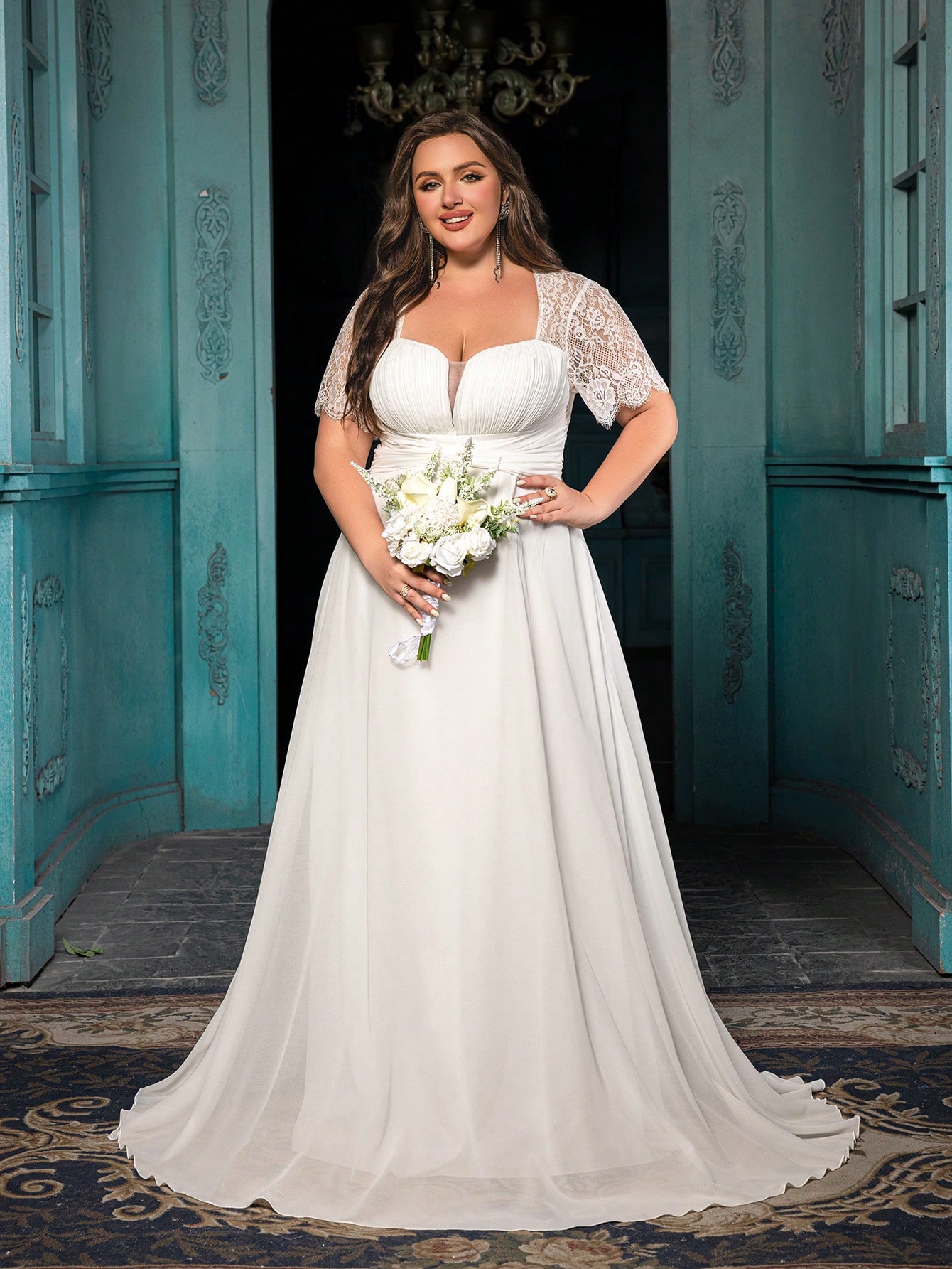 Women's Elegant Wine Red Lace Patchwork Short Sleeve Formal Maxi Dress, Plus Size Sweetheart Neck Evening Gown, Waist-Defining Chiffon Prom Party Dress, A-Line Hem Wedding Guest Dress Bridesmaid Dress, Birthday Dress, Red Carpet Outfit,Holiday Dress