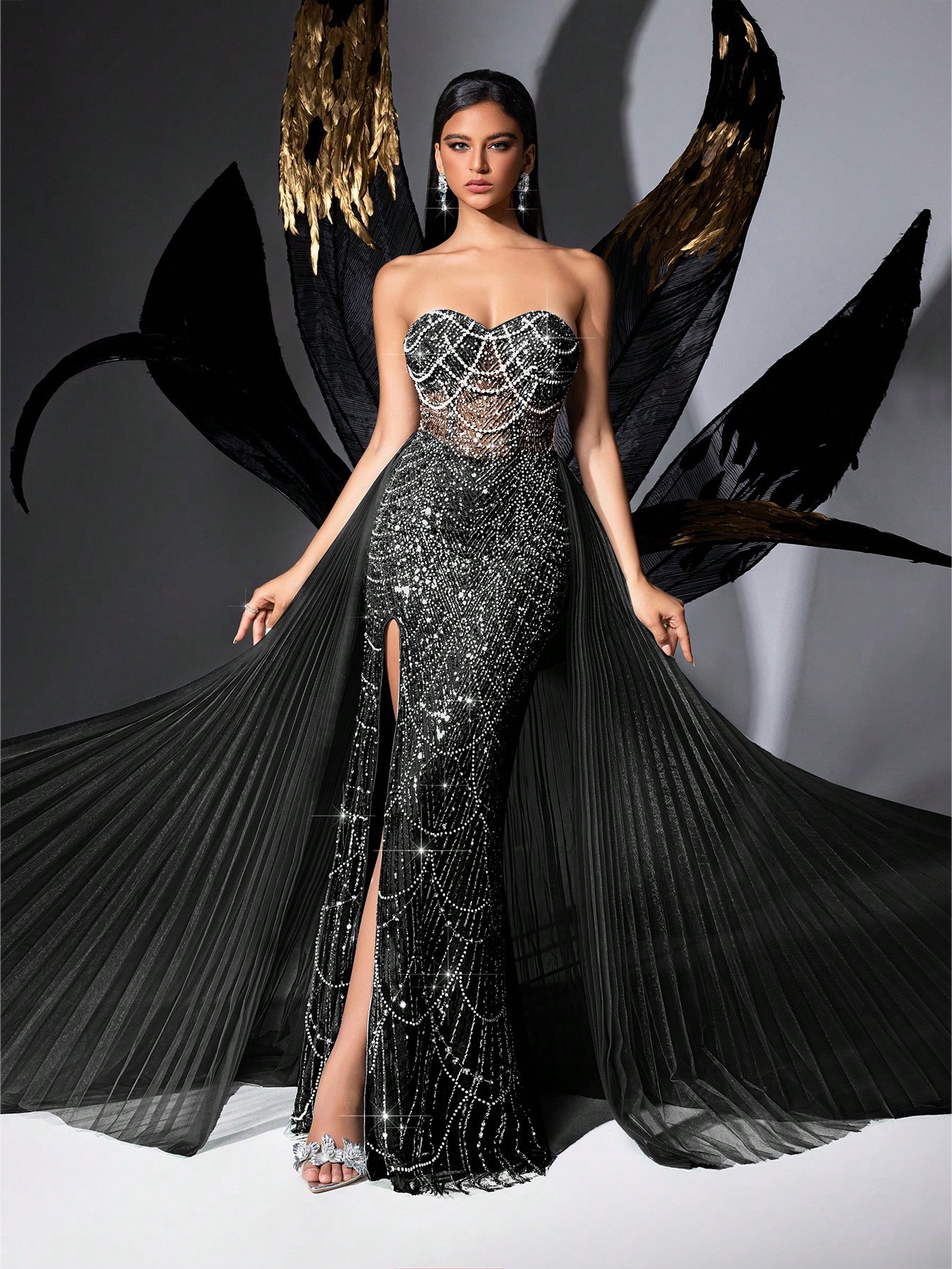 Glamour Goddess Sequin Party Formal Dress Luxury Women Evening Gown For Red Carpet, Birthday Party, Graduation Season Prom, Galas, Charity Prom, Award Ceremony Solid Color Strapless Mesh Lace-Up Slit Gowns