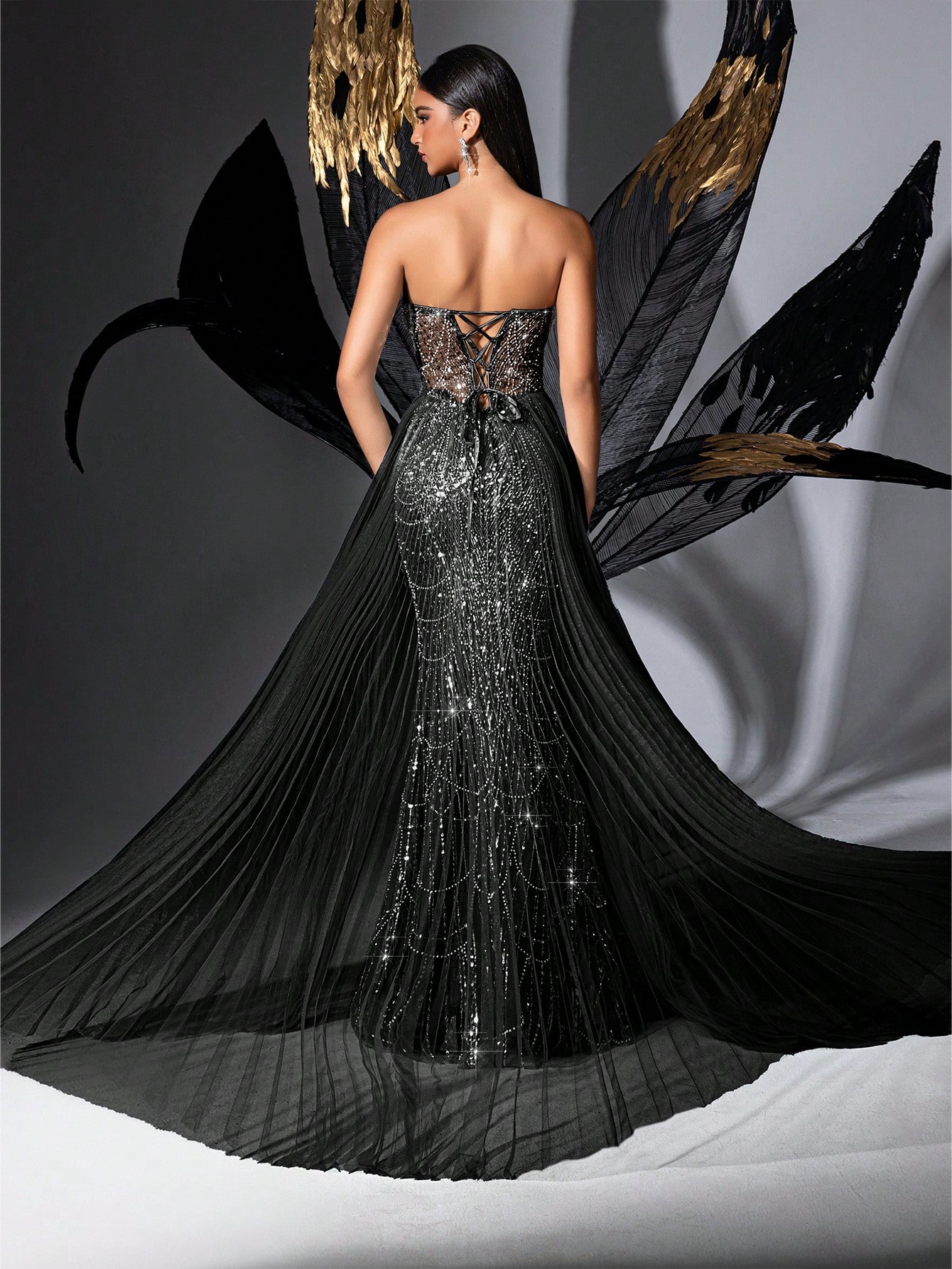 Glamour Goddess Sequin Party Formal Dress Luxury Women Evening Gown For Red Carpet, Birthday Party, Graduation Season Prom, Galas, Charity Prom, Award Ceremony Solid Color Strapless Mesh Lace-Up Slit Gowns