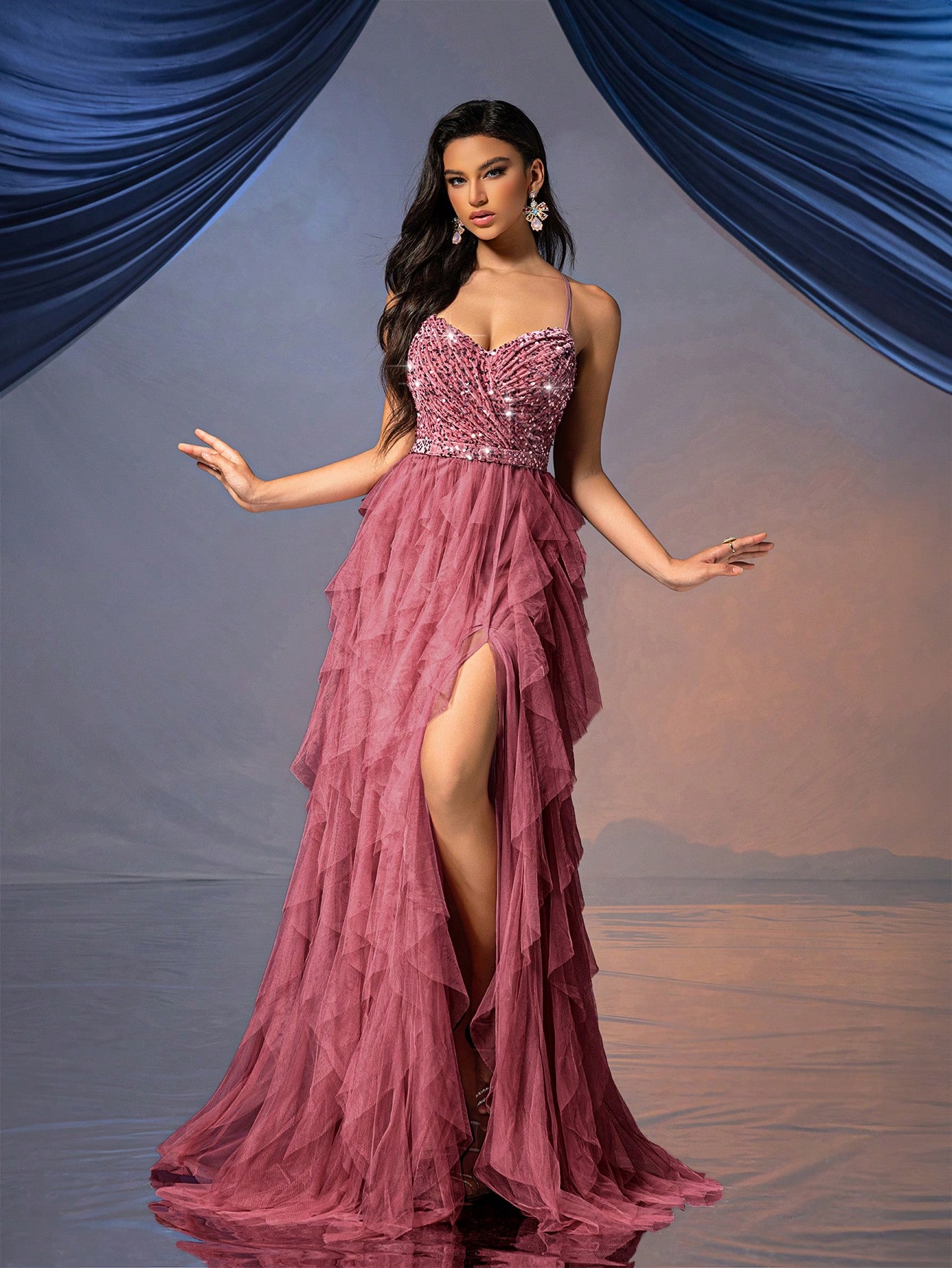 Fairy Style Women Formal Dress Romantic Evening Gown For Wedding Events, Cocktail Party, Charity Balls Pure Color Backless Sequined Mesh Dress Ballgown