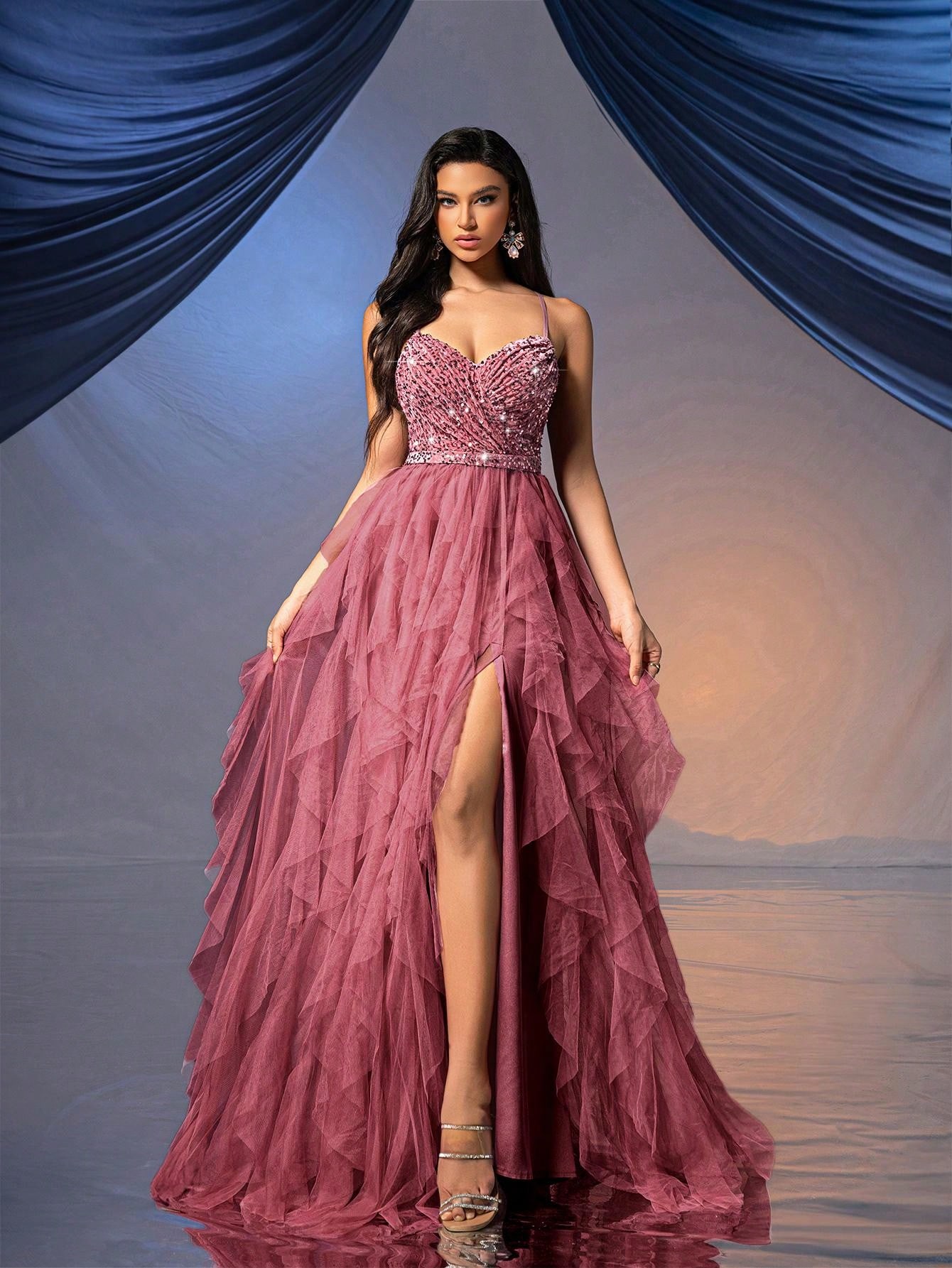 Fairy Style Women Formal Dress Romantic Evening Gown For Wedding Events, Cocktail Party, Charity Balls Pure Color Backless Sequined Mesh Dress Ballgown