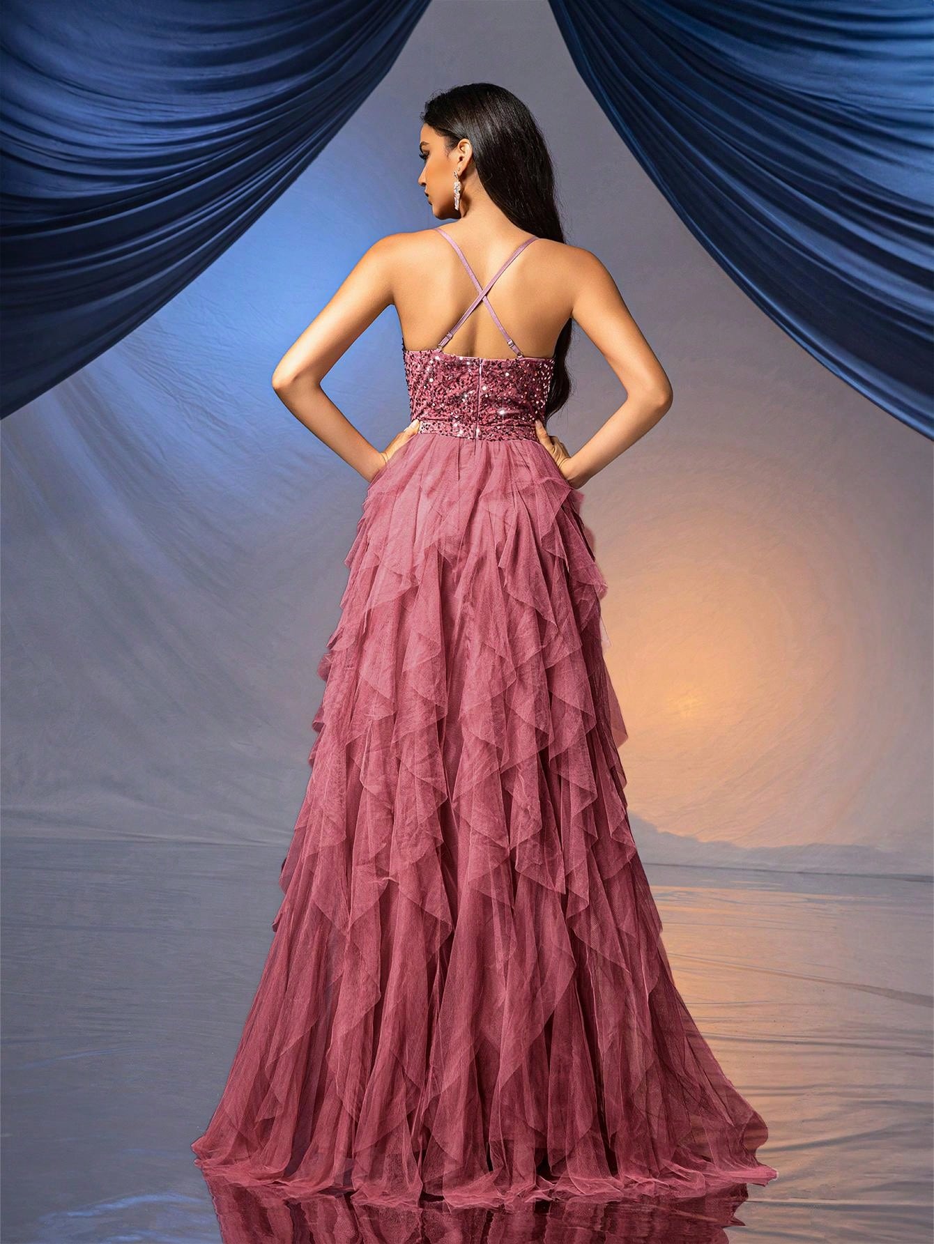 Fairy Style Women Formal Dress Romantic Evening Gown For Wedding Events, Cocktail Party, Charity Balls Pure Color Backless Sequined Mesh Dress Ballgown