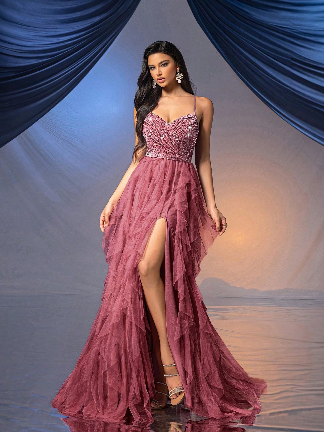 Fairy Style Women Formal Dress Romantic Evening Gown For Wedding Events, Cocktail Party, Charity Balls Pure Color Backless Sequined Mesh Dress Ballgown