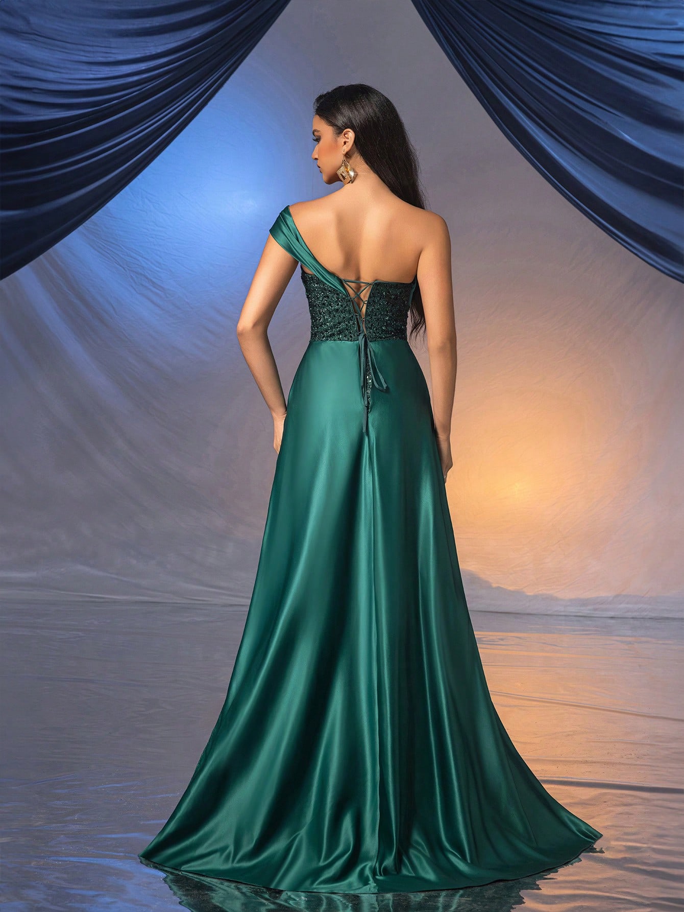 Romantic Glamorous Women Sequin Formal Dress Summer Evening Gown For Dinner Party, Wedding Guest, Prom,Graduation Ceremony Solid Color Dipped Neckline Slit Dresses