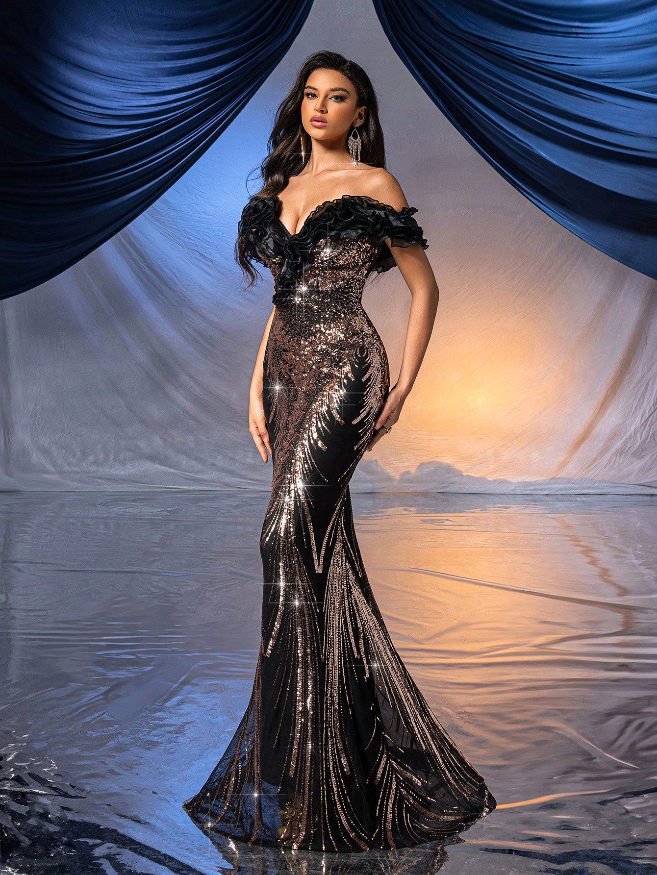 Women Gorgeous Sequin Evening Gown Fashion Formal Dress For Cocktail Party, Charity Prom, Formal Events Black Fishtail Off The Shoulder Dresses Ballgown