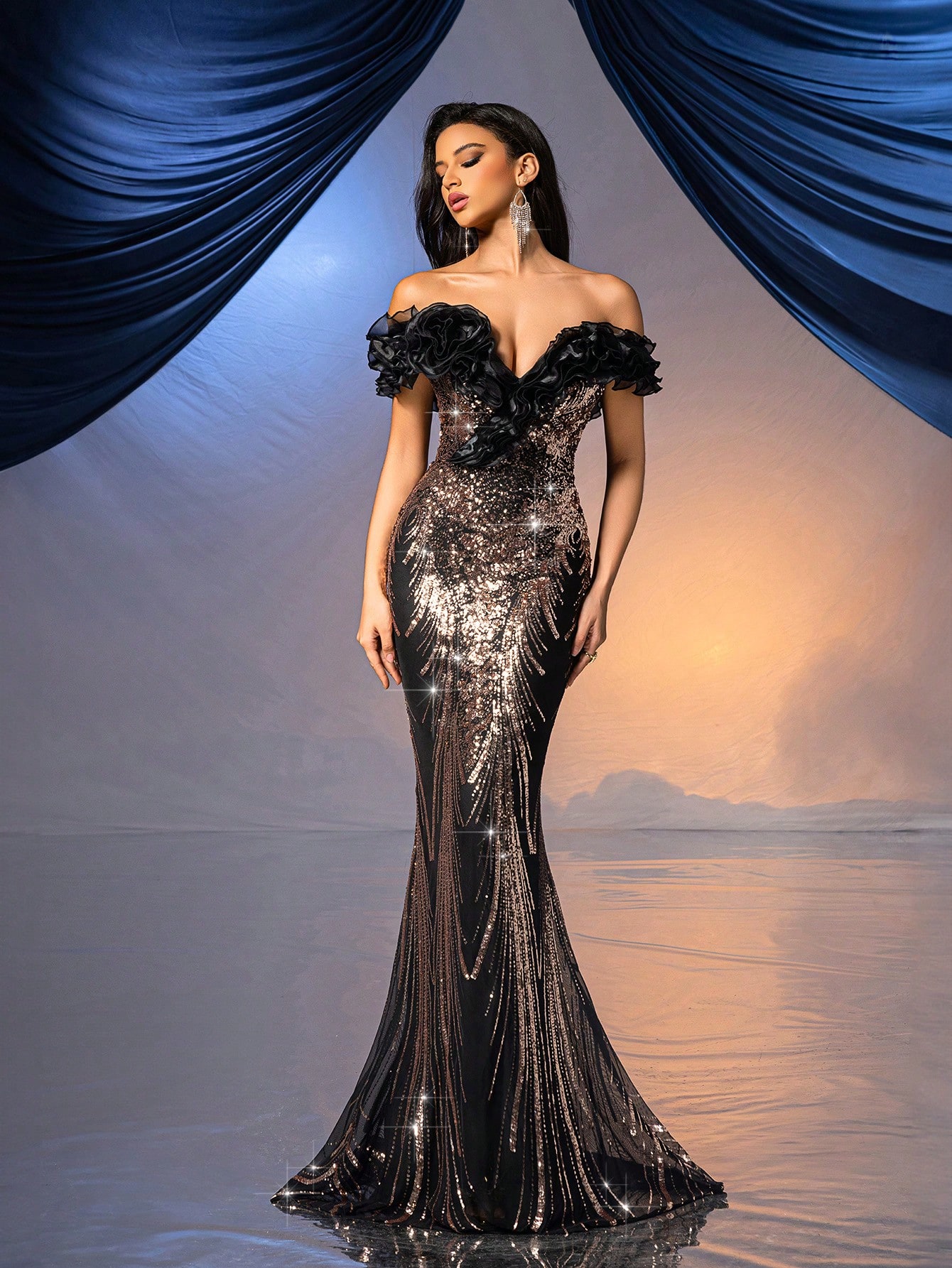 Women Gorgeous Sequin Evening Gown Fashion Formal Dress For Cocktail Party, Charity Prom, Formal Events Black Fishtail Off The Shoulder Dresses Ballgown