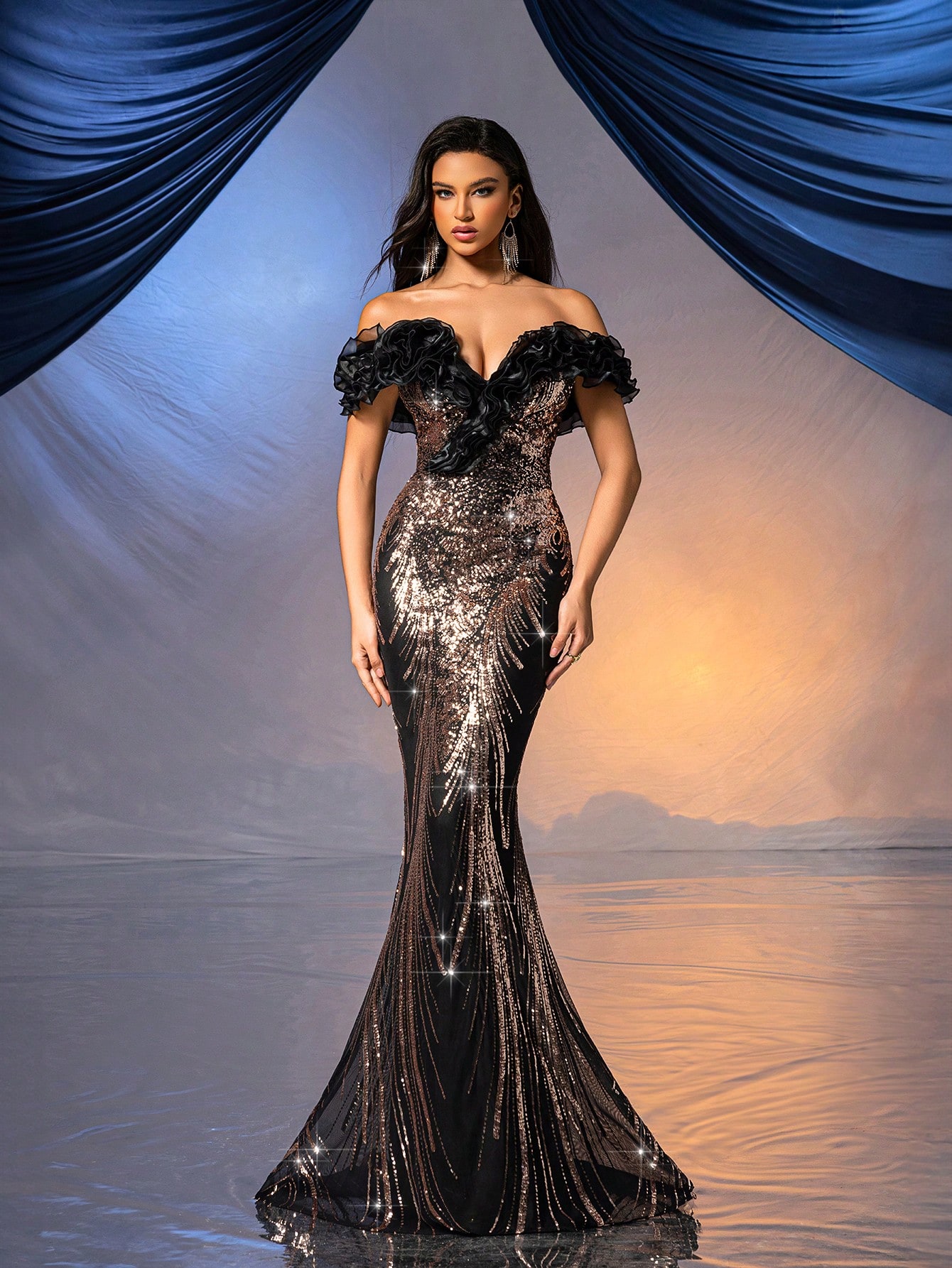 Women Gorgeous Sequin Evening Gown Fashion Formal Dress For Cocktail Party, Charity Prom, Formal Events Black Fishtail Off The Shoulder Dresses Ballgown