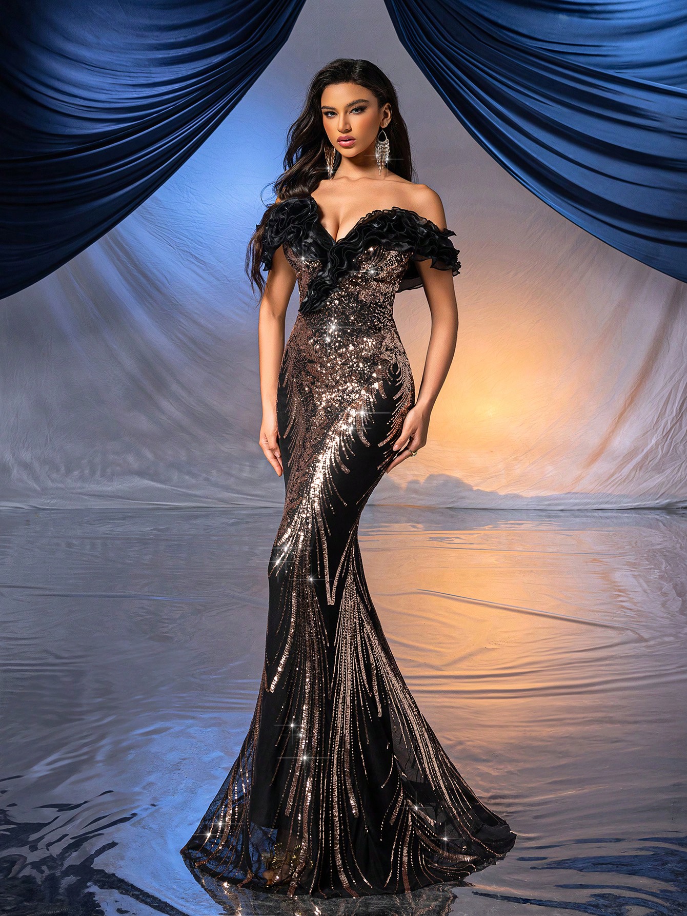 Women Gorgeous Sequin Evening Gown Fashion Formal Dress For Cocktail Party, Charity Prom, Formal Events Black Fishtail Off The Shoulder Dresses Ballgown