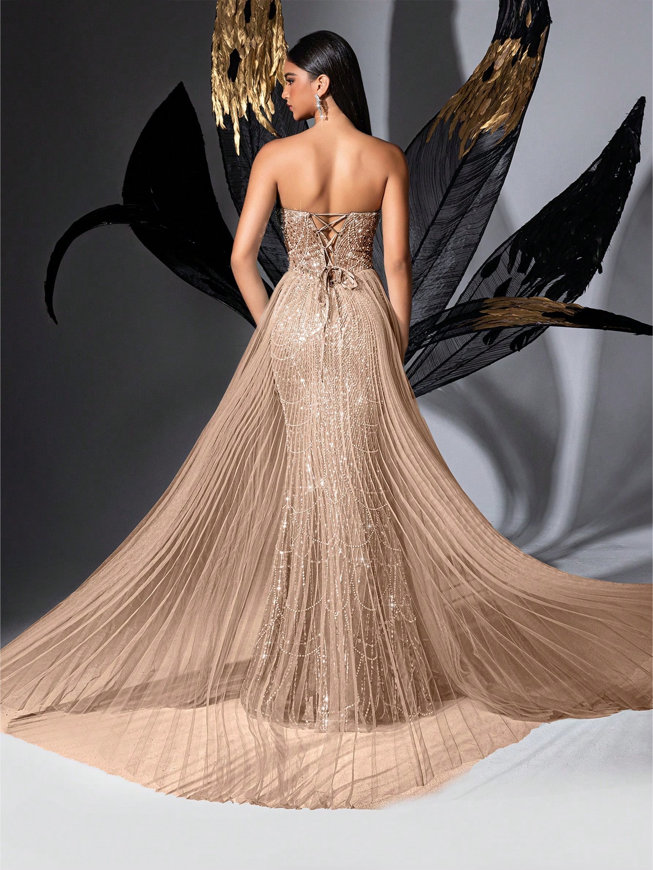 Glamour Goddess Sequin Party Formal Dress Luxury Women Evening Gown For Red Carpet, Birthday Party, Graduation Season Prom, Galas, Charity Prom, Award Ceremony Solid Color Strapless Mesh Lace-Up Slit Gowns