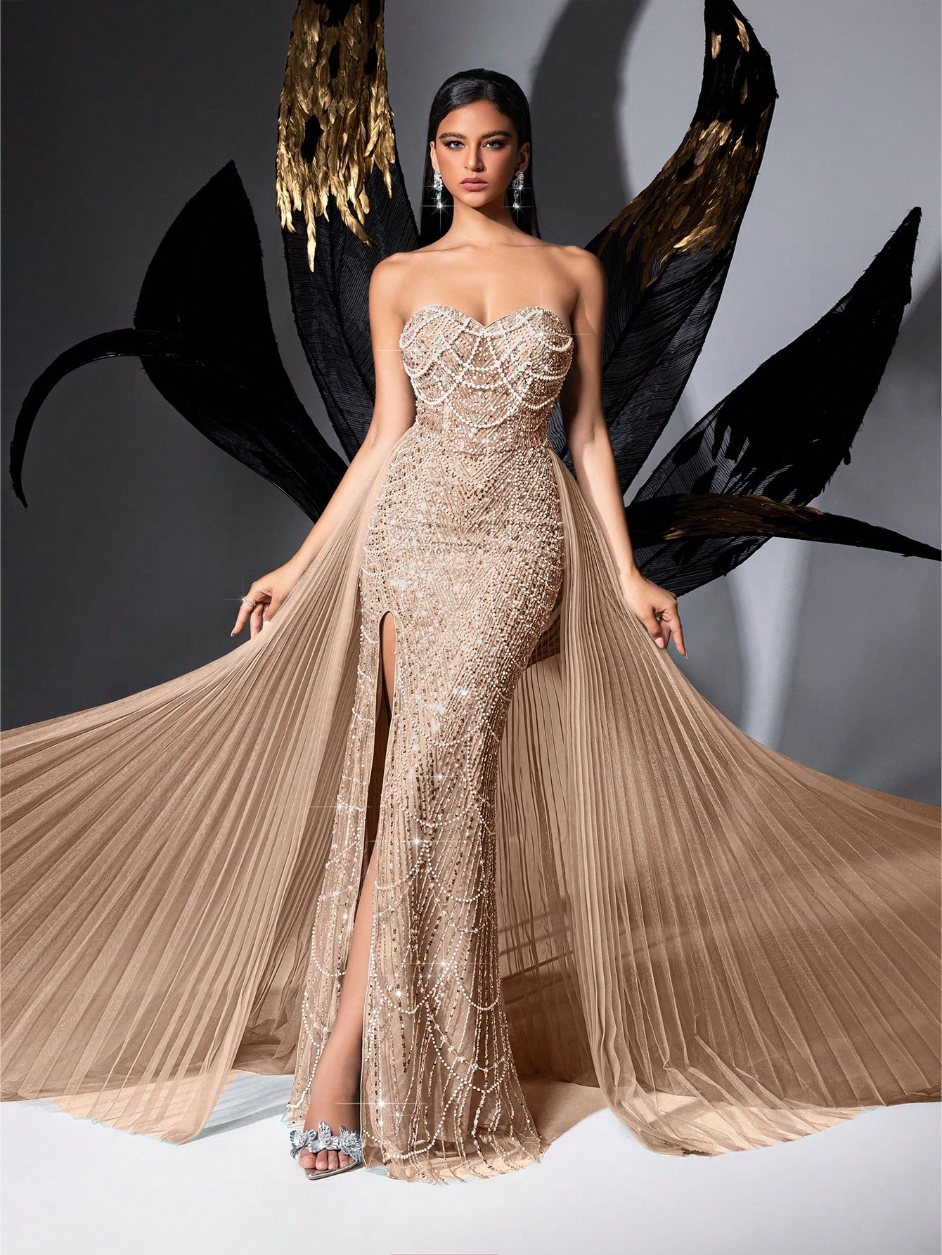 Glamour Goddess Sequin Party Formal Dress Luxury Women Evening Gown For Red Carpet, Birthday Party, Graduation Season Prom, Galas, Charity Prom, Award Ceremony Solid Color Strapless Mesh Lace-Up Slit Gowns