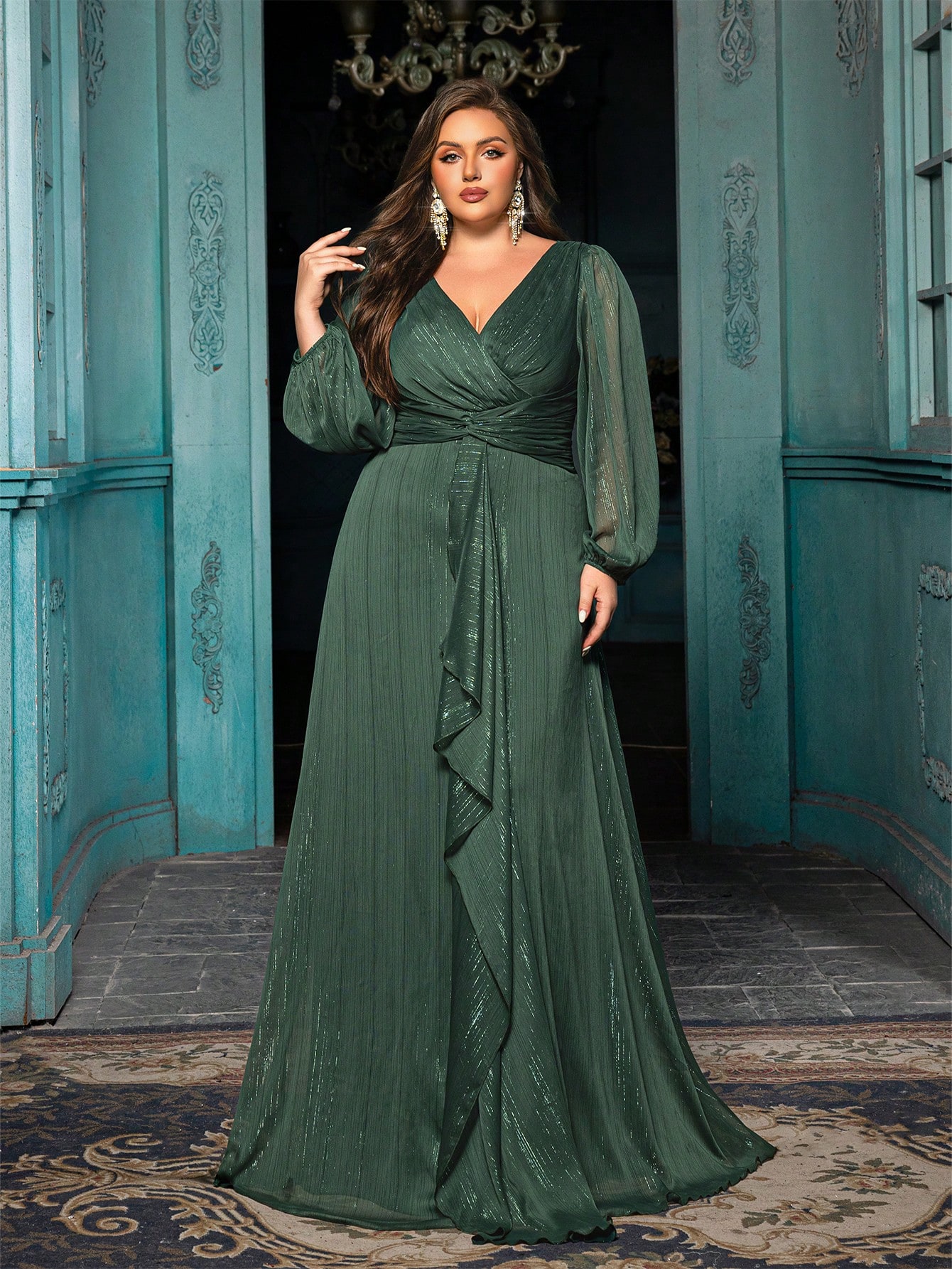 Women's Plus-size High-end Burgundy Evening Gown with Bright Stitching,V-neck Lantern Sleeves Prom Party Dress,Elegant Ruffle Wedding Guest Dress,Bridesmaid Dress,Perfect Birthday Dress,Cocktail Maxi dress,Christmas Celebration Dress,A-line Formal Dress