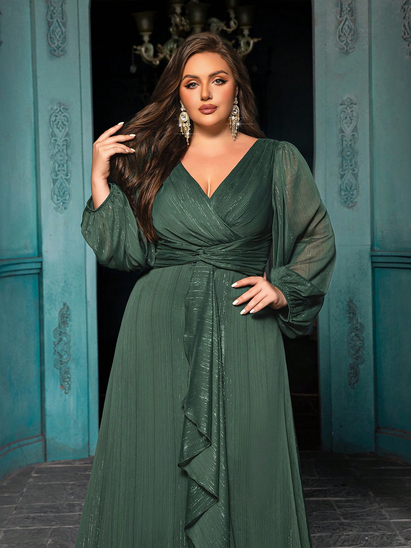 Women's Plus-size High-end Burgundy Evening Gown with Bright Stitching,V-neck Lantern Sleeves Prom Party Dress,Elegant Ruffle Wedding Guest Dress,Bridesmaid Dress,Perfect Birthday Dress,Cocktail Maxi dress,Christmas Celebration Dress,A-line Formal Dress