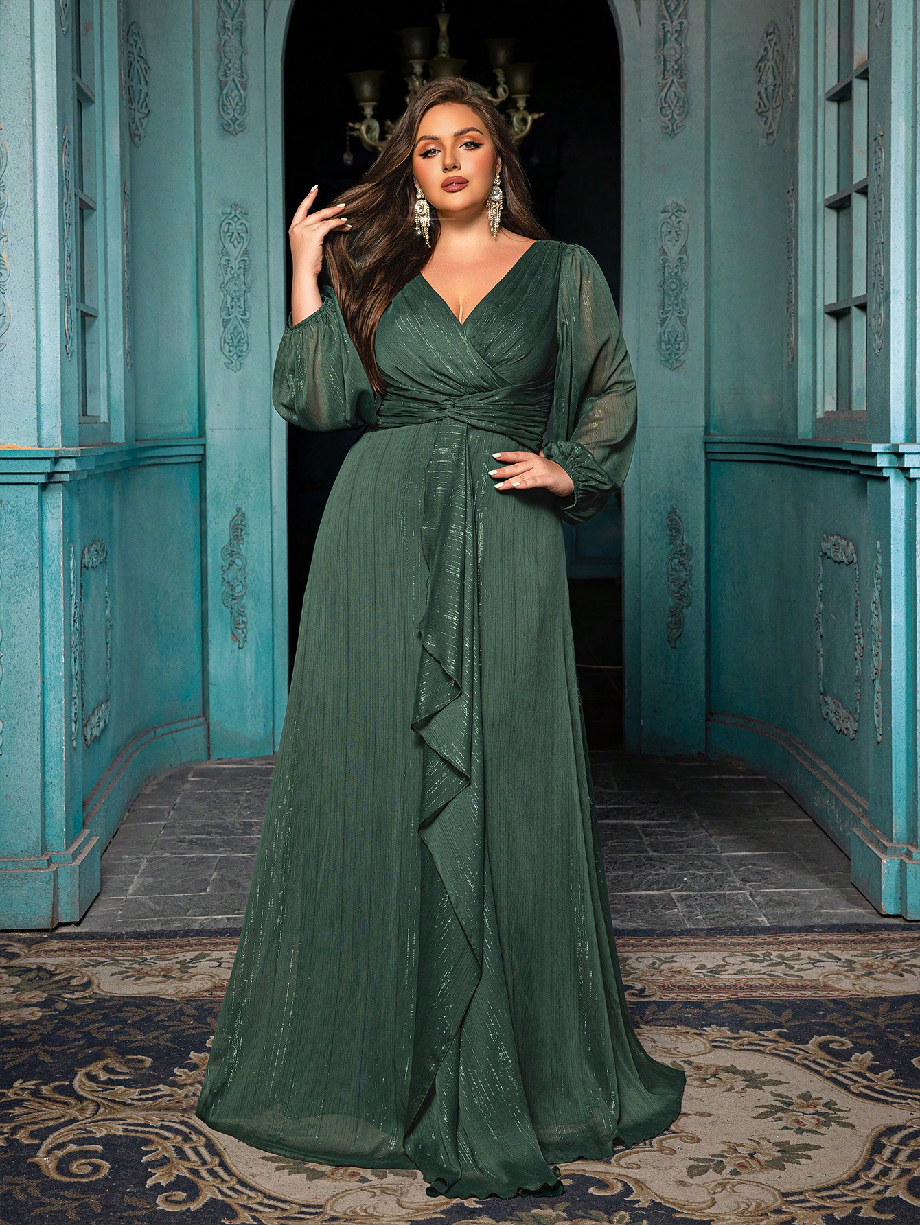 Women's Plus-size High-end Burgundy Evening Gown with Bright Stitching,V-neck Lantern Sleeves Prom Party Dress,Elegant Ruffle Wedding Guest Dress,Bridesmaid Dress,Perfect Birthday Dress,Cocktail Maxi dress,Christmas Celebration Dress,A-line Formal Dress