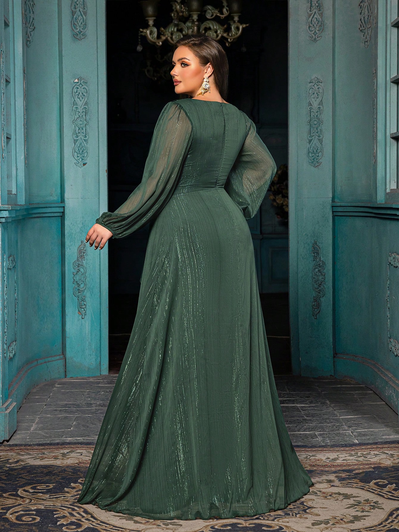 Women's Plus-size High-end Burgundy Evening Gown with Bright Stitching,V-neck Lantern Sleeves Prom Party Dress,Elegant Ruffle Wedding Guest Dress,Bridesmaid Dress,Perfect Birthday Dress,Cocktail Maxi dress,Christmas Celebration Dress,A-line Formal Dress