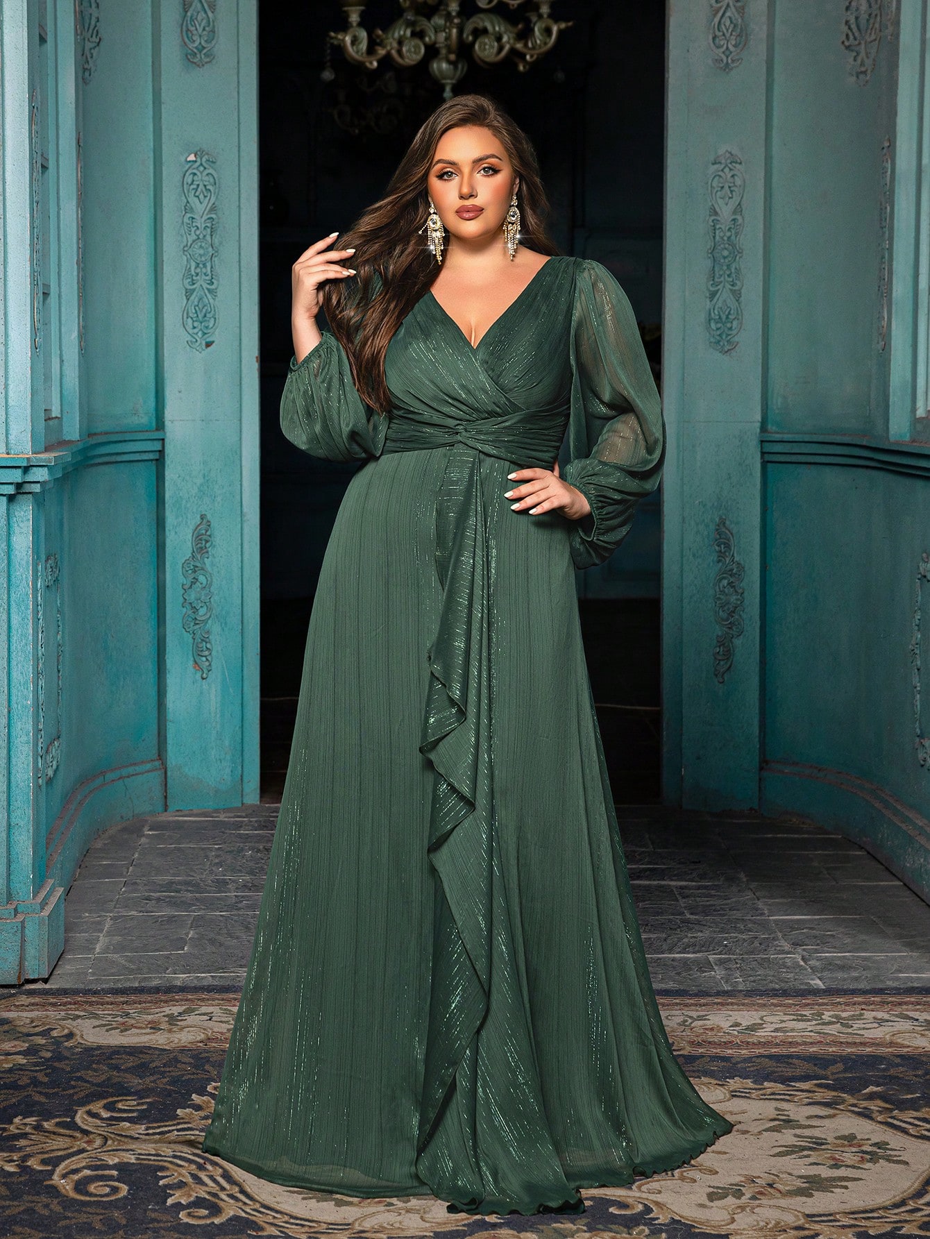 Women's Plus-size High-end Burgundy Evening Gown with Bright Stitching,V-neck Lantern Sleeves Prom Party Dress,Elegant Ruffle Wedding Guest Dress,Bridesmaid Dress,Perfect Birthday Dress,Cocktail Maxi dress,Christmas Celebration Dress,A-line Formal Dress