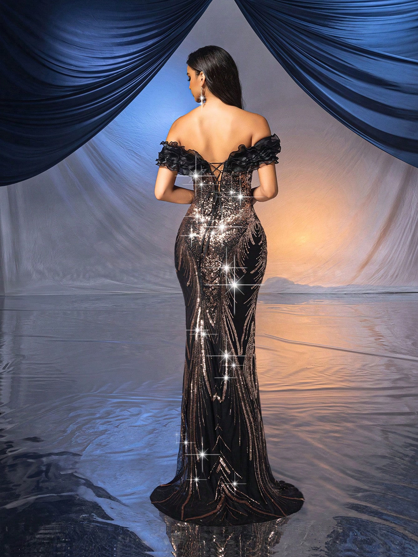 Women Gorgeous Sequin Evening Gown Fashion Formal Dress For Cocktail Party, Charity Prom, Formal Events Black Fishtail Off The Shoulder Dresses Ballgown