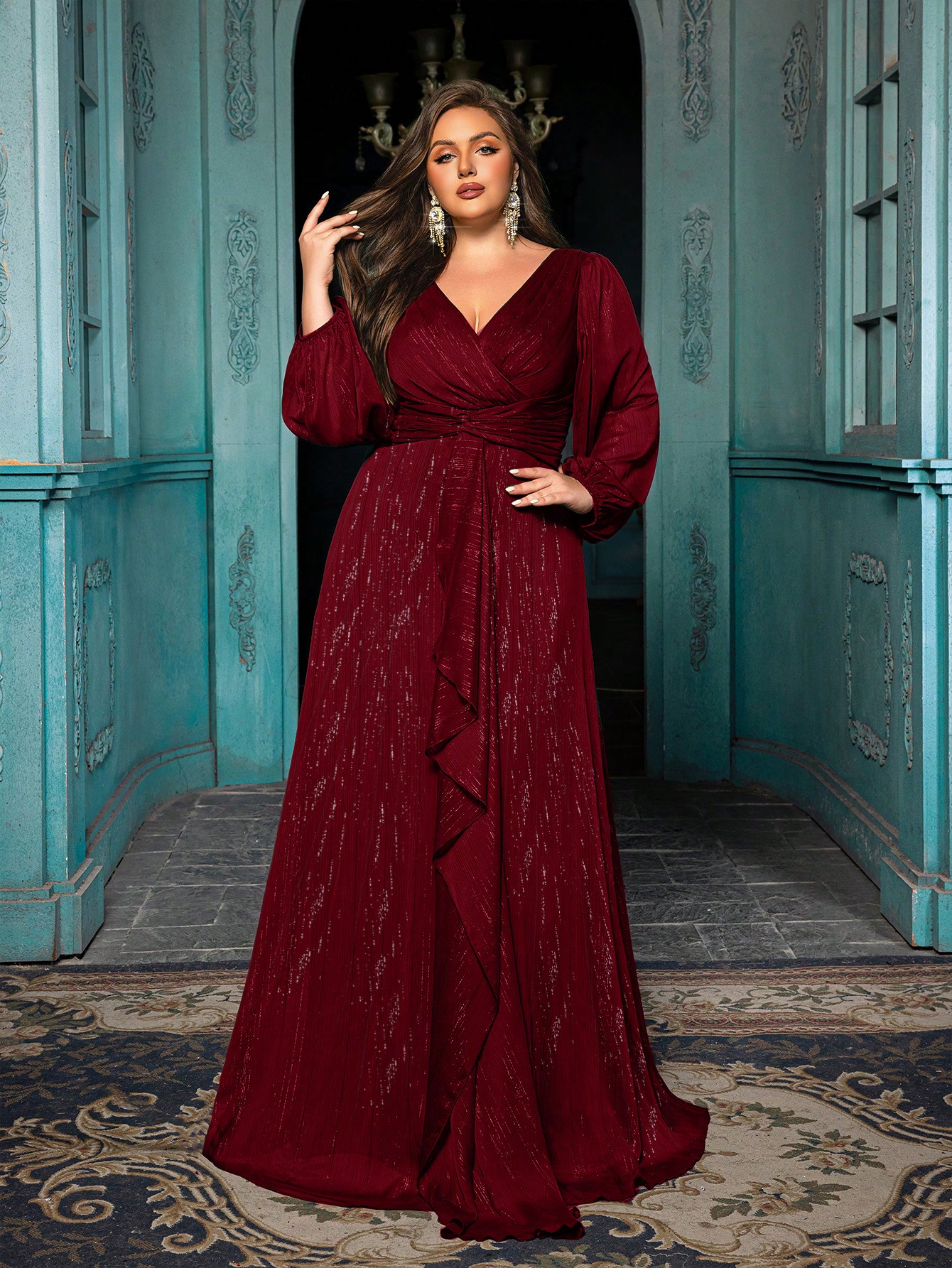 Women's Plus-size High-end Burgundy Evening Gown with Bright Stitching,V-neck Lantern Sleeves Prom Party Dress,Elegant Ruffle Wedding Guest Dress,Bridesmaid Dress,Perfect Birthday Dress,Cocktail Maxi dress,Christmas Celebration Dress,A-line Formal Dress