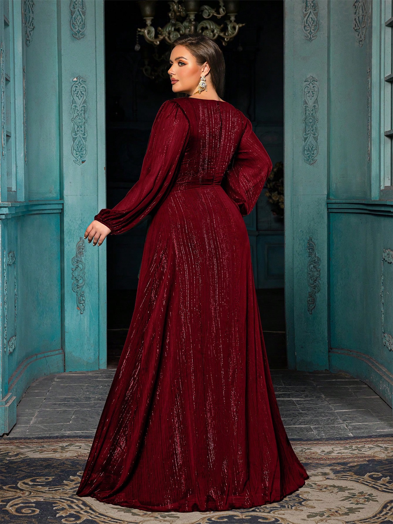 Women's Plus-size High-end Burgundy Evening Gown with Bright Stitching,V-neck Lantern Sleeves Prom Party Dress,Elegant Ruffle Wedding Guest Dress,Bridesmaid Dress,Perfect Birthday Dress,Cocktail Maxi dress,Christmas Celebration Dress,A-line Formal Dress