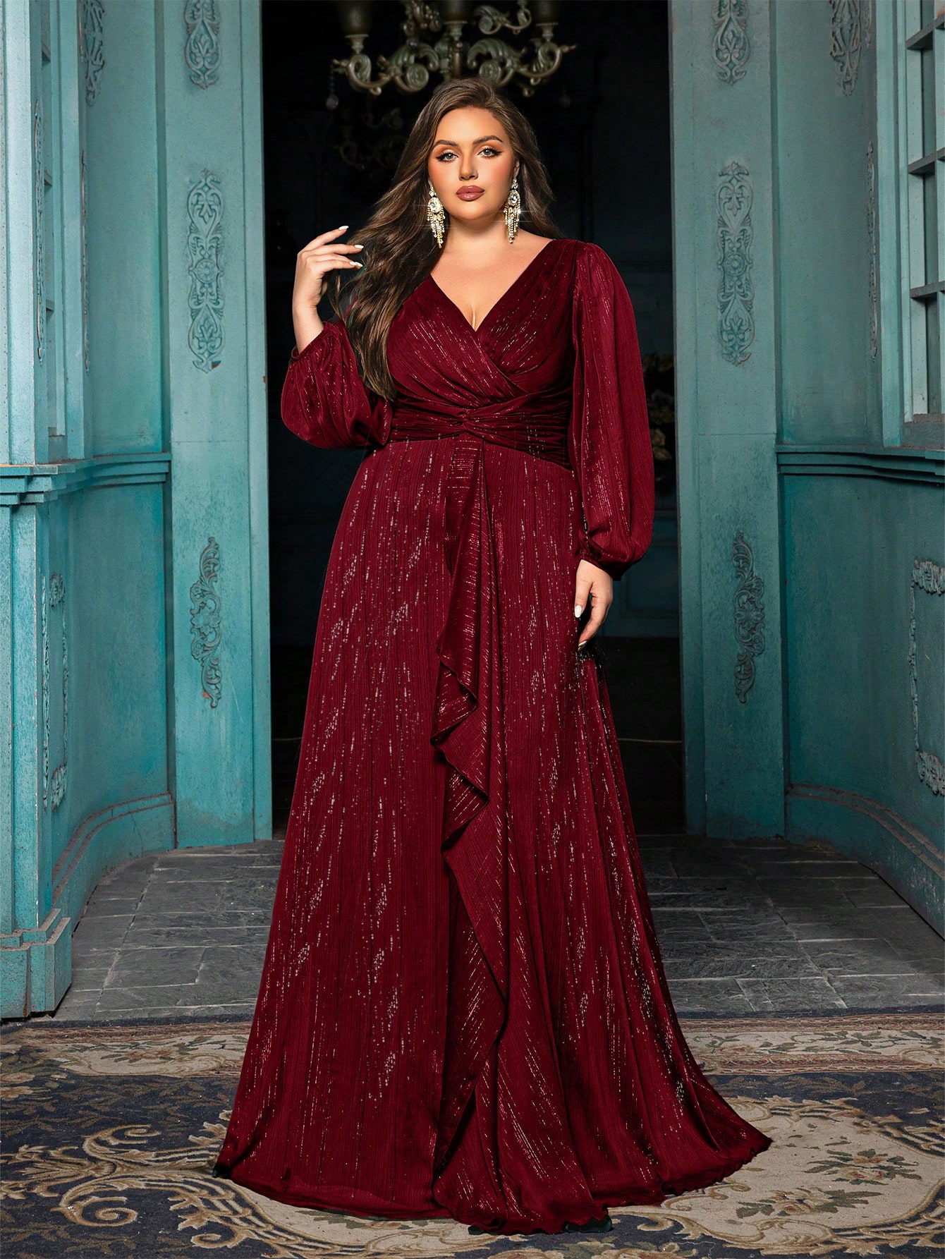 Women's Plus-size High-end Burgundy Evening Gown with Bright Stitching,V-neck Lantern Sleeves Prom Party Dress,Elegant Ruffle Wedding Guest Dress,Bridesmaid Dress,Perfect Birthday Dress,Cocktail Maxi dress,Christmas Celebration Dress,A-line Formal Dress