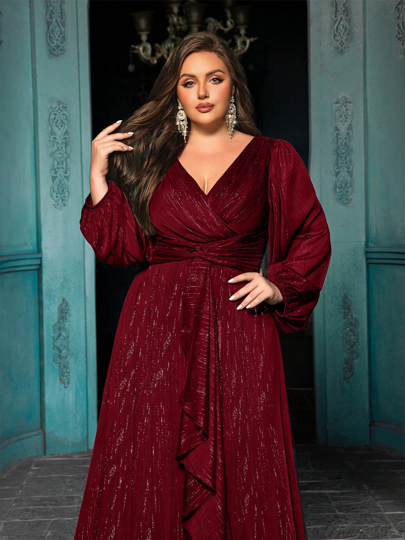 Women's Plus-size High-end Burgundy Evening Gown with Bright Stitching,V-neck Lantern Sleeves Prom Party Dress,Elegant Ruffle Wedding Guest Dress,Bridesmaid Dress,Perfect Birthday Dress,Cocktail Maxi dress,Christmas Celebration Dress,A-line Formal Dress