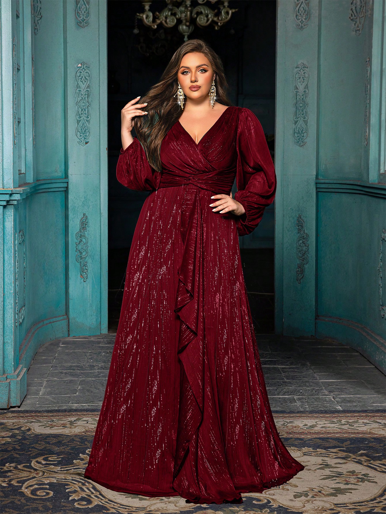 Women's Plus-size High-end Burgundy Evening Gown with Bright Stitching,V-neck Lantern Sleeves Prom Party Dress,Elegant Ruffle Wedding Guest Dress,Bridesmaid Dress,Perfect Birthday Dress,Cocktail Maxi dress,Christmas Celebration Dress,A-line Formal Dress