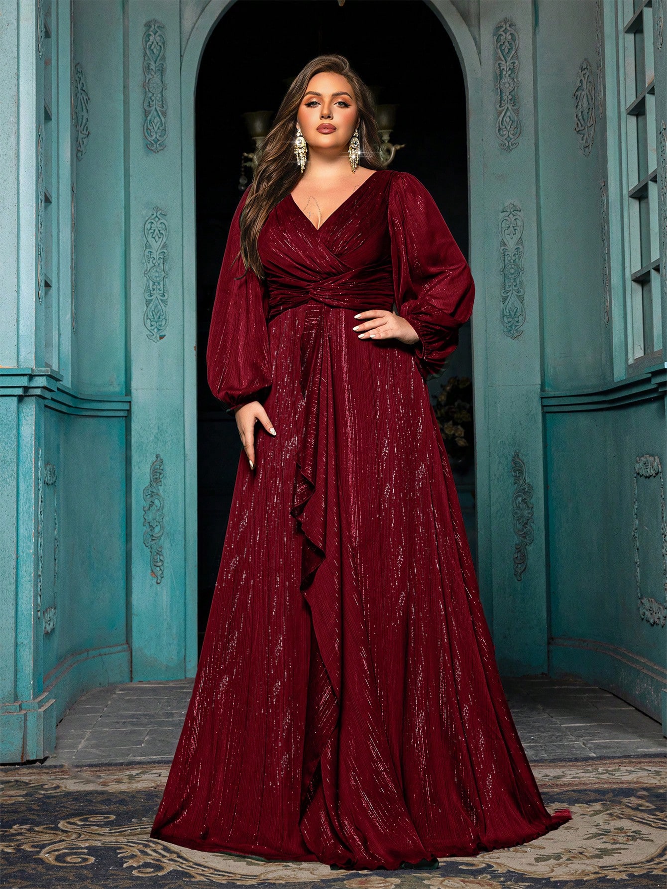 Women's Plus-size High-end Burgundy Evening Gown with Bright Stitching,V-neck Lantern Sleeves Prom Party Dress,Elegant Ruffle Wedding Guest Dress,Bridesmaid Dress,Perfect Birthday Dress,Cocktail Maxi dress,Christmas Celebration Dress,A-line Formal Dress