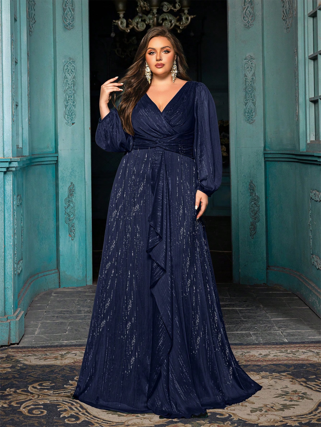 Women's Plus-size High-end Burgundy Evening Gown with Bright Stitching,V-neck Lantern Sleeves Prom Party Dress,Elegant Ruffle Wedding Guest Dress,Bridesmaid Dress,Perfect Birthday Dress,Cocktail Maxi dress,Christmas Celebration Dress,A-line Formal Dress