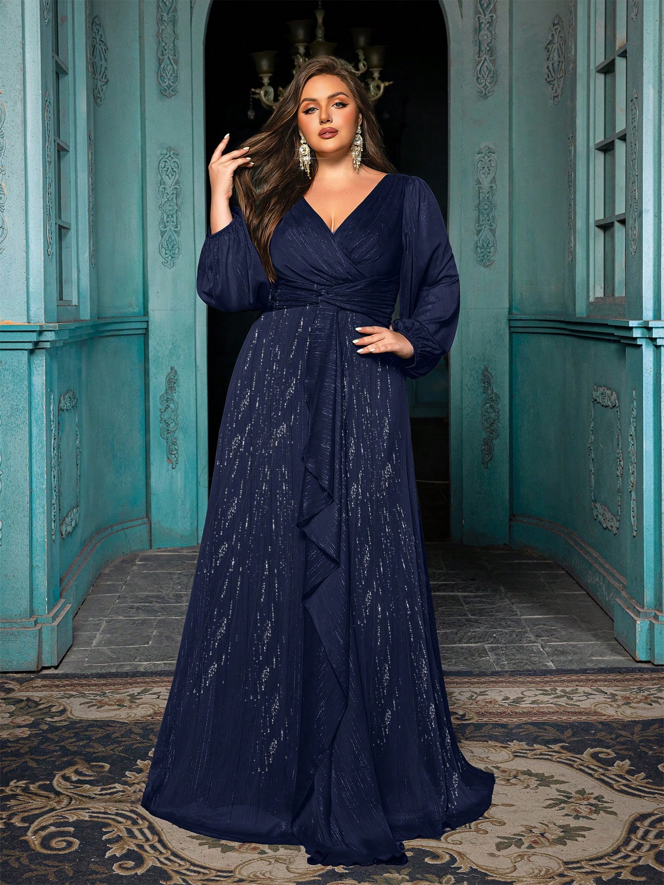 Women's Plus-size High-end Burgundy Evening Gown with Bright Stitching,V-neck Lantern Sleeves Prom Party Dress,Elegant Ruffle Wedding Guest Dress,Bridesmaid Dress,Perfect Birthday Dress,Cocktail Maxi dress,Christmas Celebration Dress,A-line Formal Dress