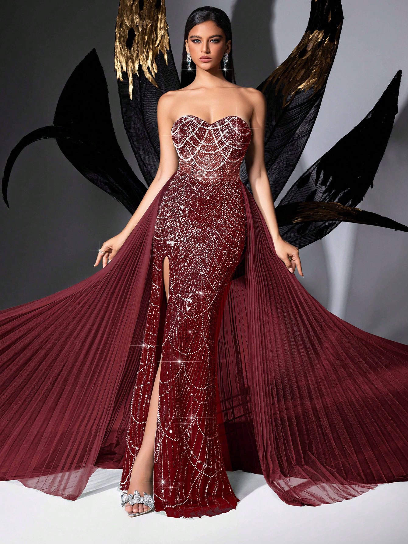 Glamour Goddess Sequin Party Formal Dress Luxury Women Evening Gown For Red Carpet, Birthday Party, Graduation Season Prom, Galas, Charity Prom, Award Ceremony Solid Color Strapless Mesh Lace-Up Slit Gowns