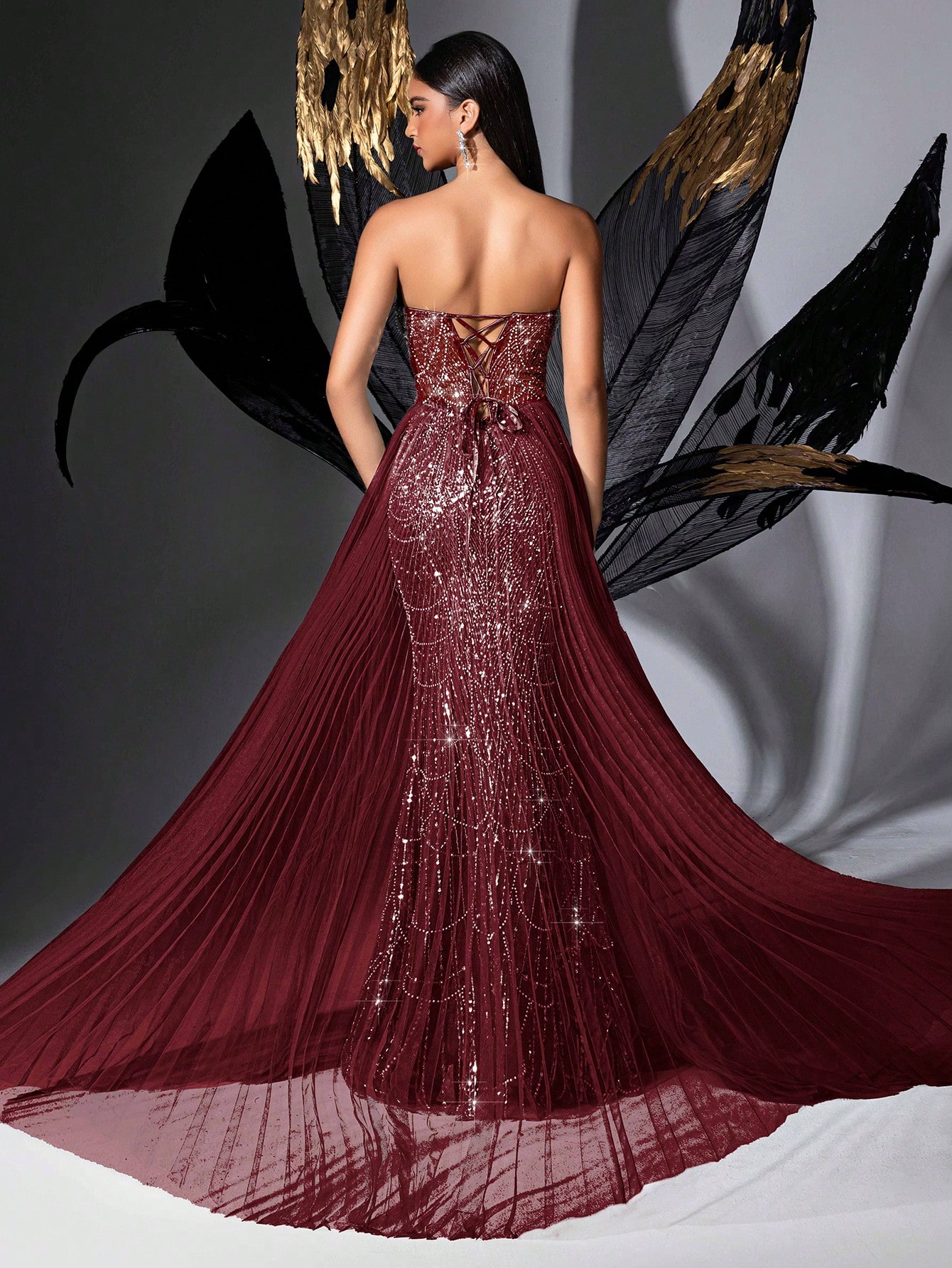 Glamour Goddess Sequin Party Formal Dress Luxury Women Evening Gown For Red Carpet, Birthday Party, Graduation Season Prom, Galas, Charity Prom, Award Ceremony Solid Color Strapless Mesh Lace-Up Slit Gowns