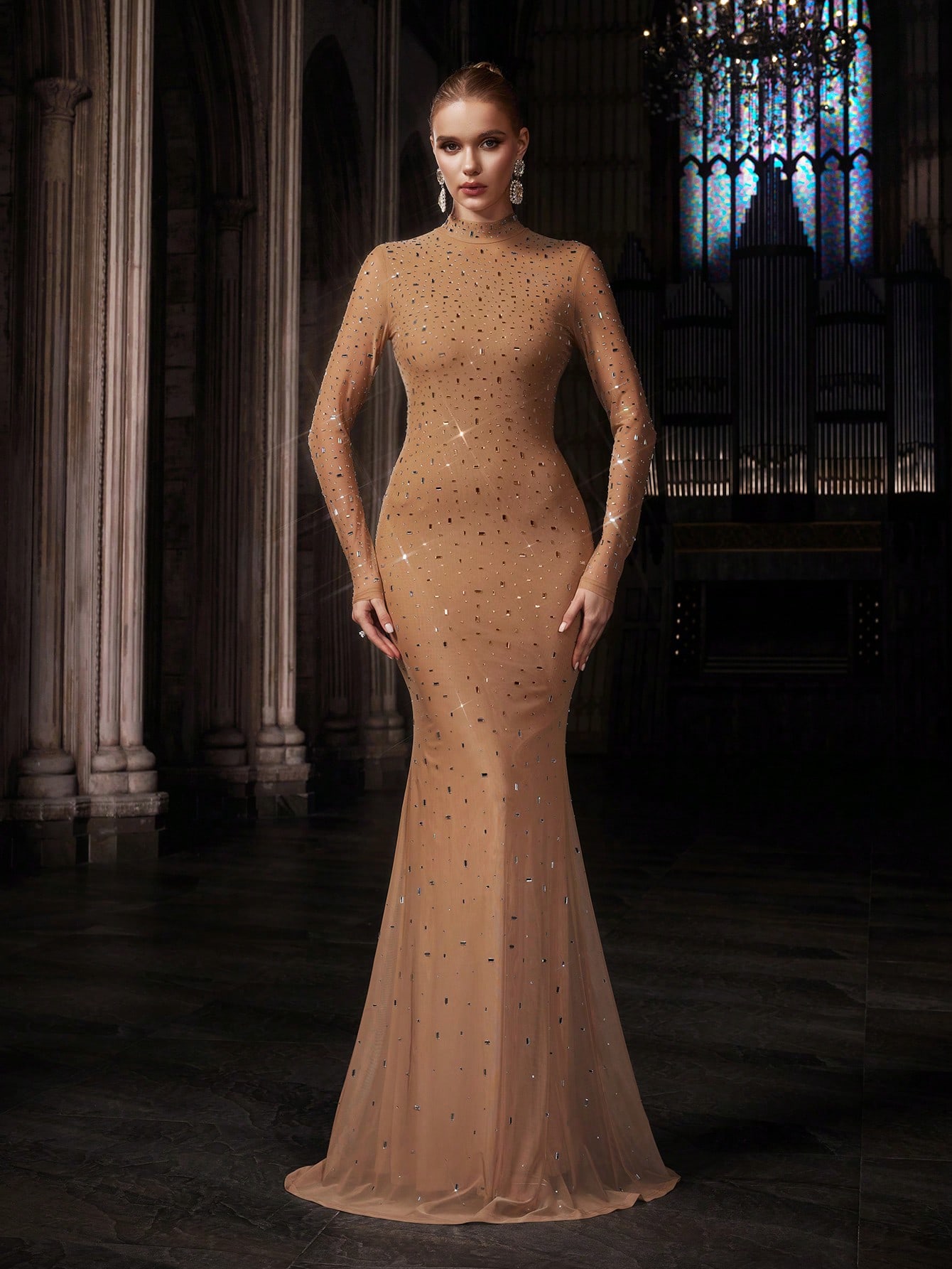 Elegant Temperament Solid Color Hot Drill Rhinestone Stand Collar Long Sleeve Mermaid Gown Dresses For Banquet, Evening Party, Birthday Party