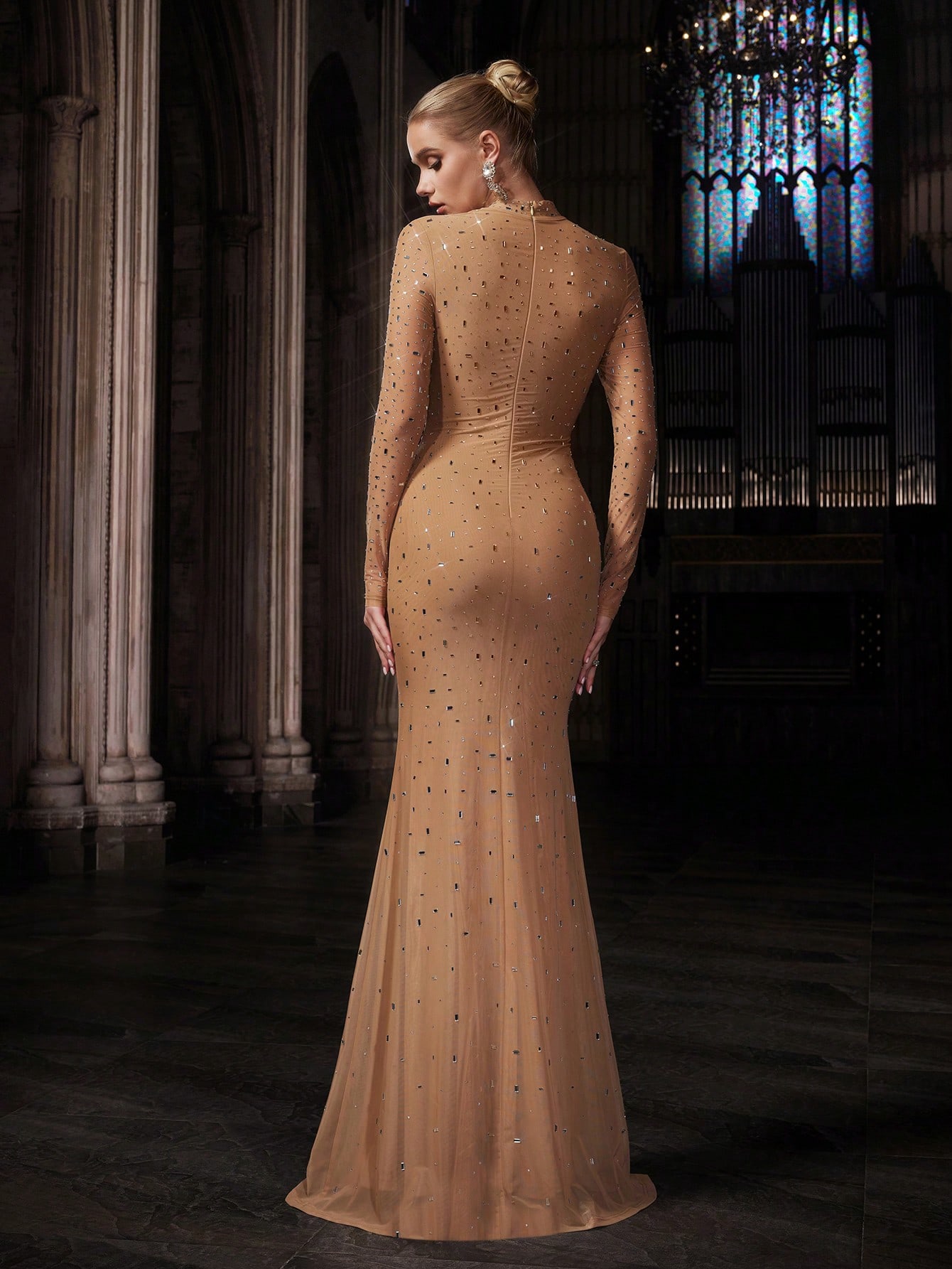 Elegant Temperament Solid Color Hot Drill Rhinestone Stand Collar Long Sleeve Mermaid Gown Dresses For Banquet, Evening Party, Birthday Party